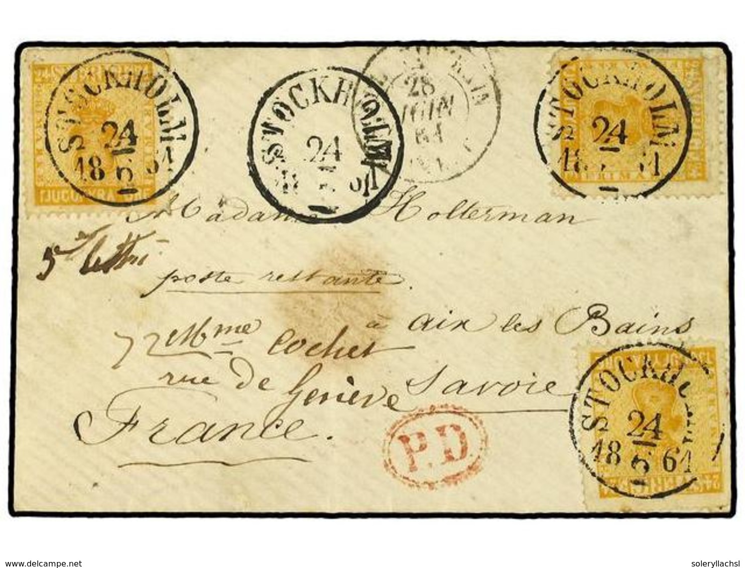SUECIA. 1861. Envelope To FRANCE Bearing  24 Ore  Yellow Orange (3) (Facit 10) Tied By  STOCKHOLM  Datestamp With Oval   - Autres & Non Classés