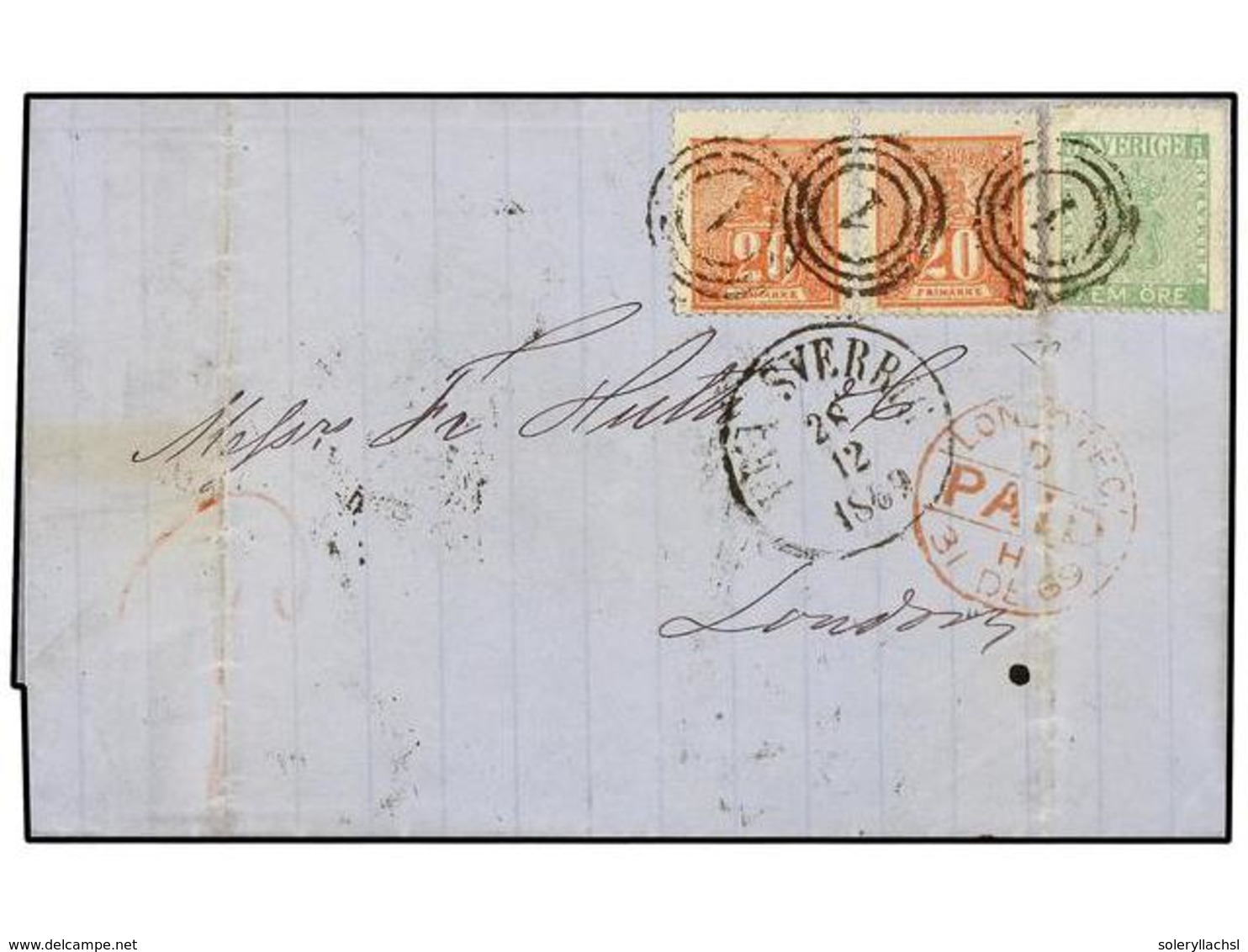 SUECIA. 1869. MOLMO To LONDON.  5 Ore  Green And  20 Ore  Red (2) Cancelled By  Triple Circle '1'  From COPENHAGEN, Two  - Andere & Zonder Classificatie