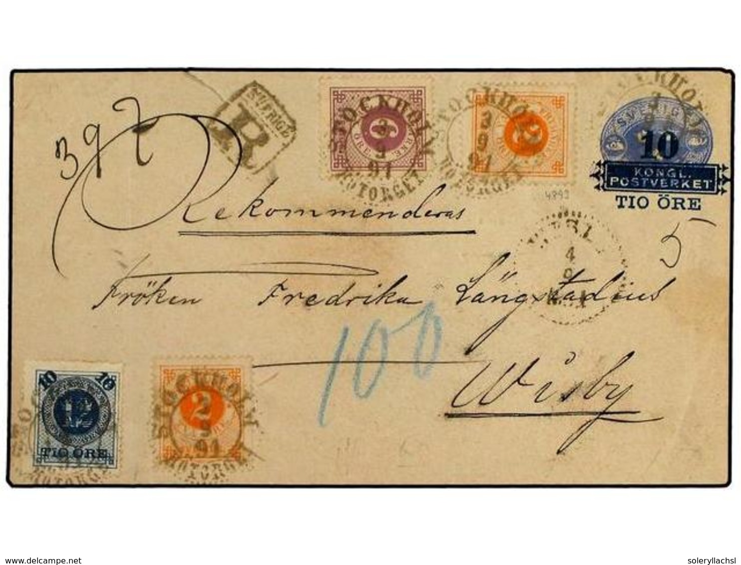 SUECIA. 1891.  10 ö.  On  12 ö.  Blue Stationery Envelope Sent Registered To WIRBY Franked Additionally With 1891  2x 2  - Autres & Non Classés