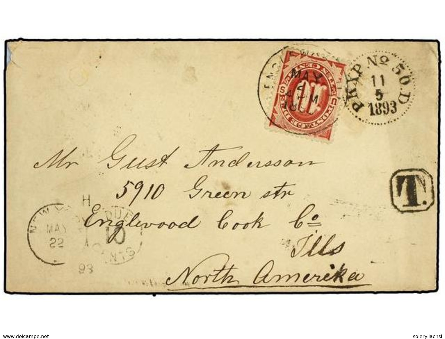 SUECIA. 1893. TRANERGD (Sweden) To U.S.A. Envelope With Original Contents, Circulated Without Stamps. Taxed On Arrival W - Sonstige & Ohne Zuordnung