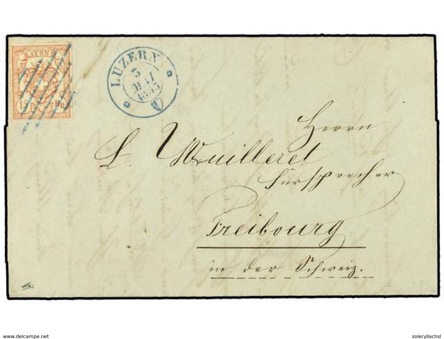 SUIZA. 1853 (May 3). Entire Letter To Freiburg Franked By Fine Margined Rayon III  15rp . Vermilion Cancelled By Blue Gr - Altri & Non Classificati