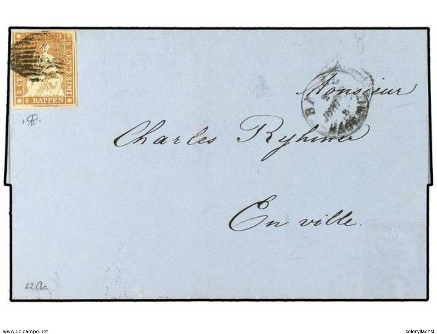 SUIZA. 1855. BALE Correo Interior.  5 Rp.  Castaño Rojo, Tirada De Munich (Zu. 22Aa   4.000 SF), Margen Superior Ligeram - Altri & Non Classificati