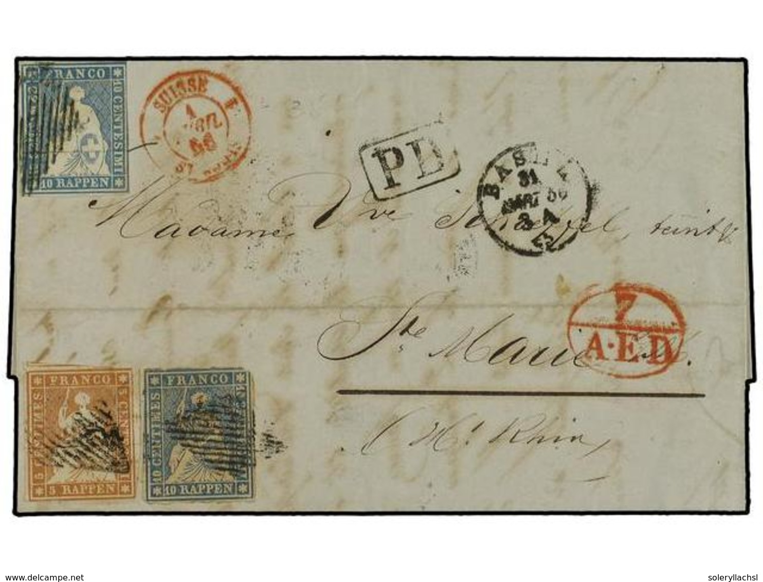 SUIZA. 1856 (March 31). Entire Letter From Basel To Ste. Marie Aux Mines, France Franked By 1854  5r . Pale Brown (green - Autres & Non Classés