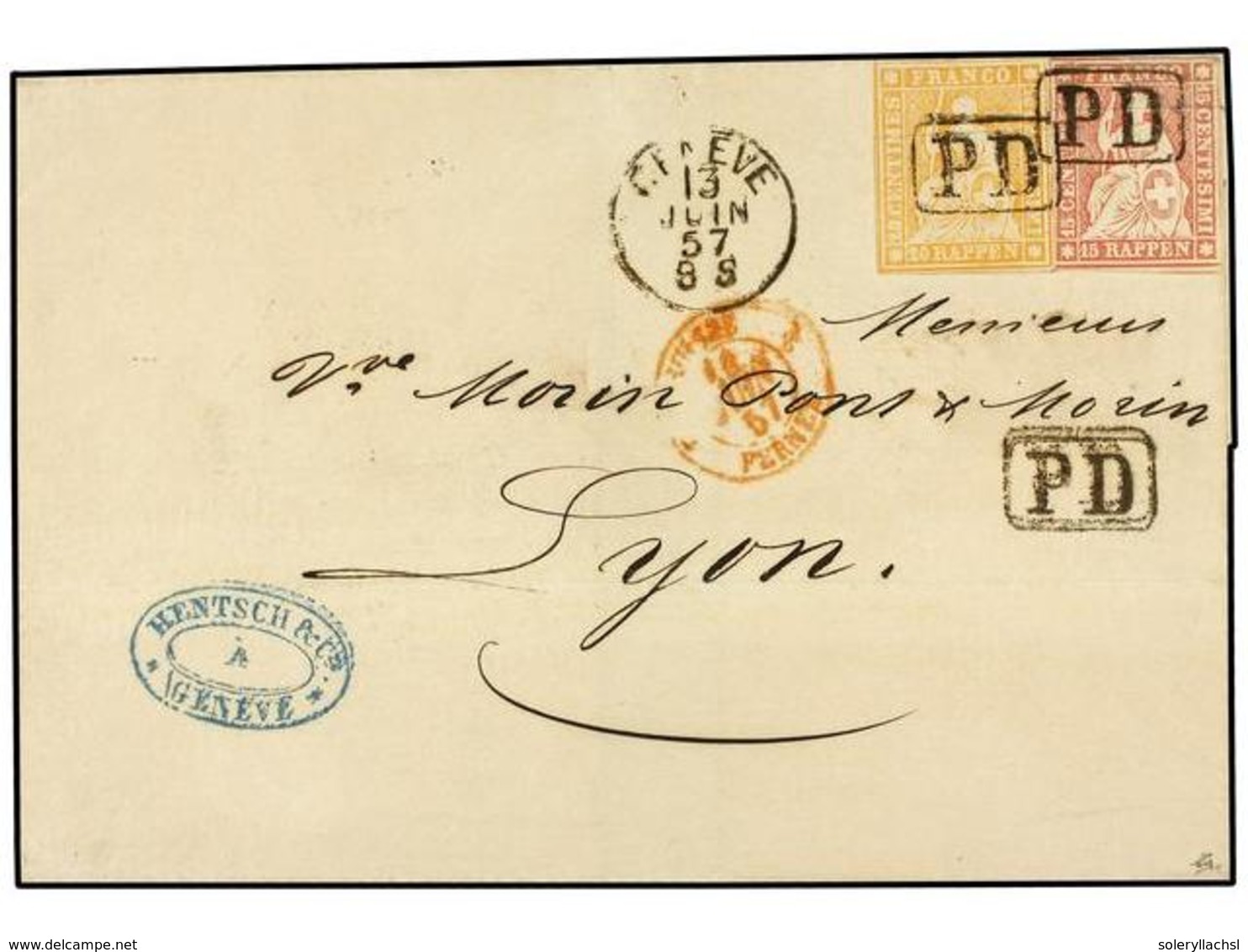 SUIZA. Zu.24B, 25B. 1857 (June 13). Cover From GENEVA To LYON Franked By 1854/62 Sitting Helvetia  15rp . Rose And  20rp - Sonstige & Ohne Zuordnung