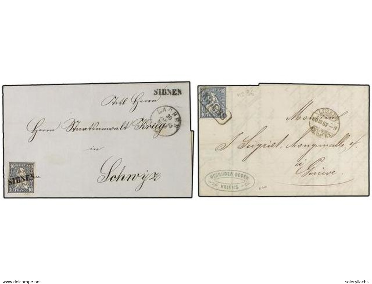 SUIZA. 1863-67. Dos Cartas Con Franqueo De  10 Rp.  Azul, Mat. Lineales De  KRIENS  Y  SIBNEN.  MAGNÍFICA. - Sonstige & Ohne Zuordnung