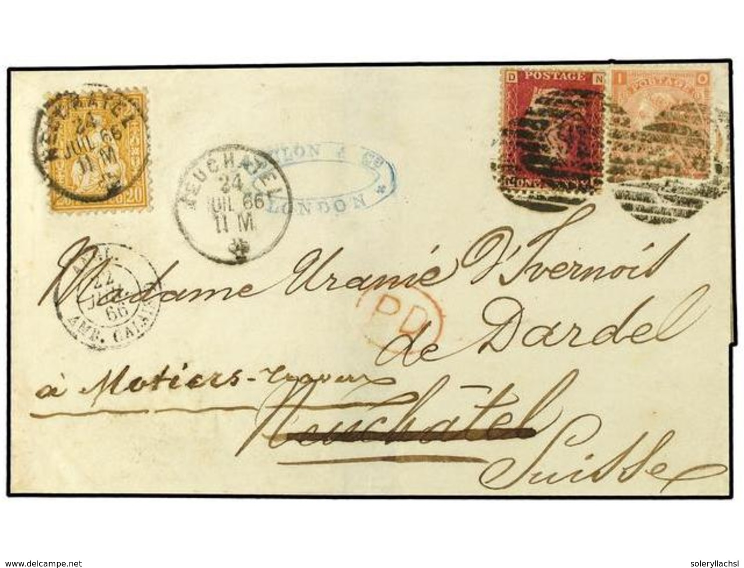 SUIZA. 1866. Envelope From London (24.7.66) To NEUCH, Tel, SWITZERLAND Franked By QV  1 D.  Red +  4 D.  Orange (def.) R - Sonstige & Ohne Zuordnung