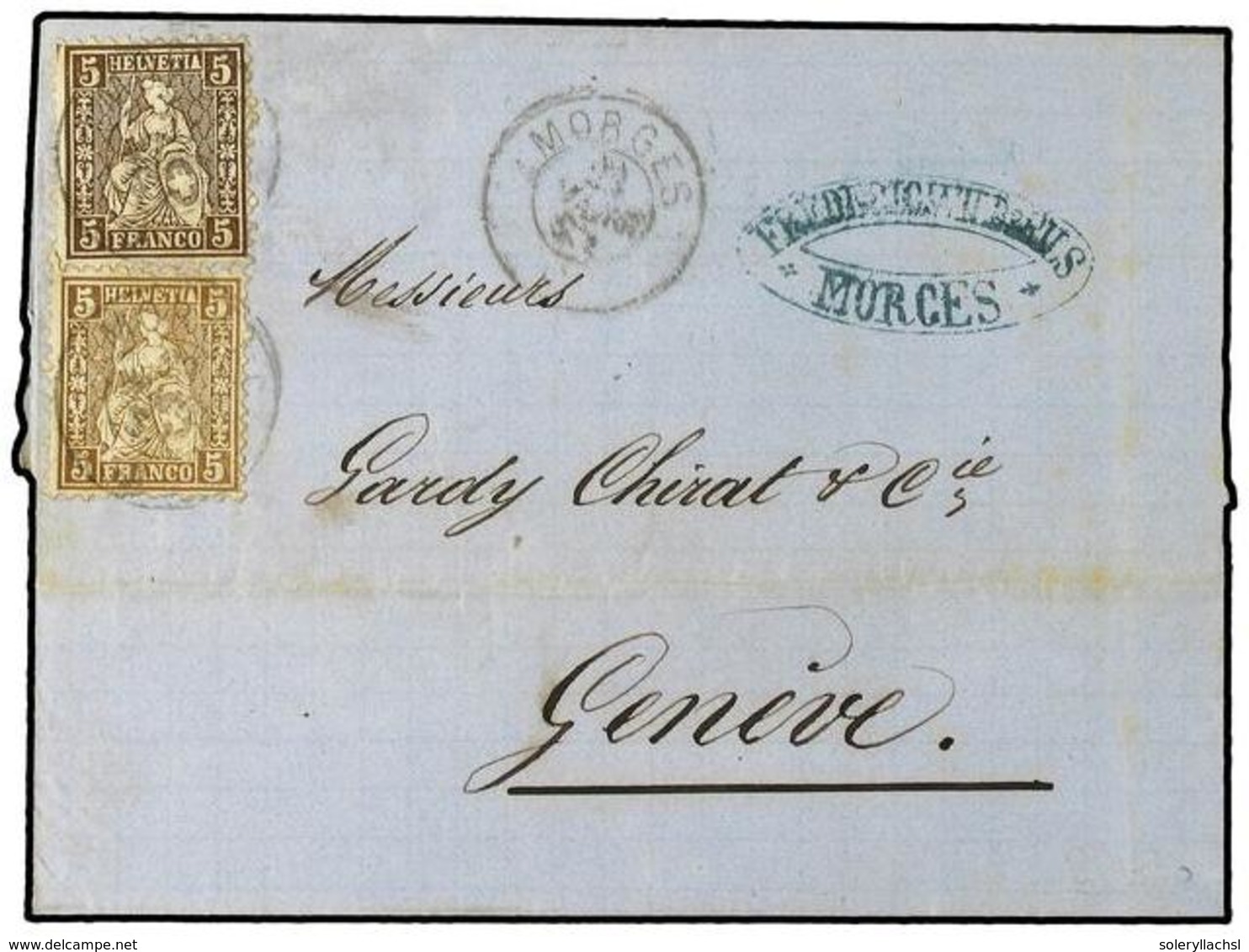 SUIZA. 1867 (March 23). Cover From Morges To Geneva Franked By Two Shades Of  5c ., One In Deep Brown And One In Pale Bi - Andere & Zonder Classificatie