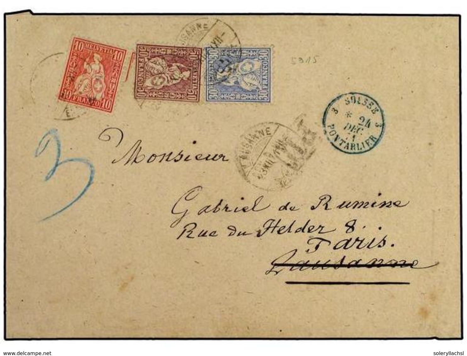 SUIZA. 1871 (Dec 24th). Triple Rate Cover To Paris Franked By 1867  10c  Red,  30c  Ultramarine And  50c  Violet All Tie - Altri & Non Classificati