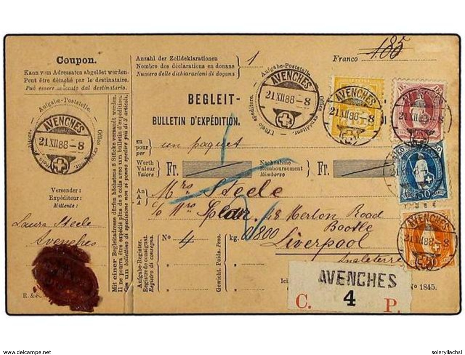 SUIZA. 1888. Registered Parcel Card To LIVERPOOL Franked By 1882  15 C.  Yellow And 1882-1904  20 C.  Orange,  50 C.  Bl - Autres & Non Classés