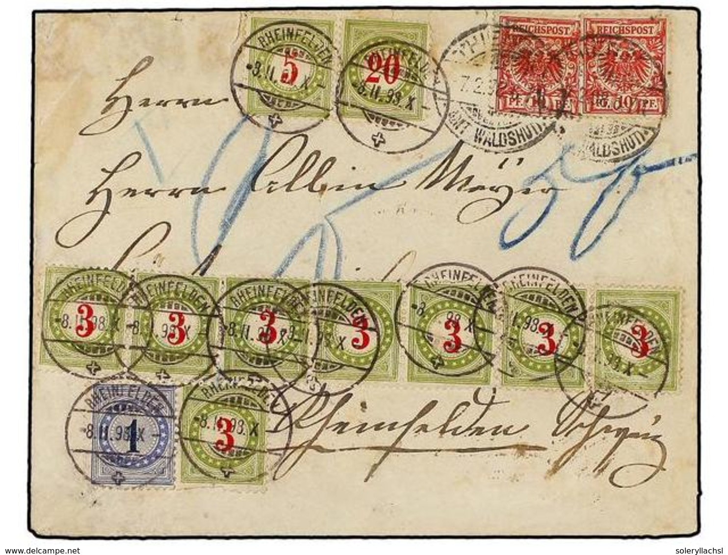 SUIZA. 1898. ALEMANIA A RHEINFELDEN.  10 Pf.  Rojo (2), Tasada A La Llegada Con Sellos Suizos De  1 Rp.  Azul,  3 Rp.  V - Altri & Non Classificati