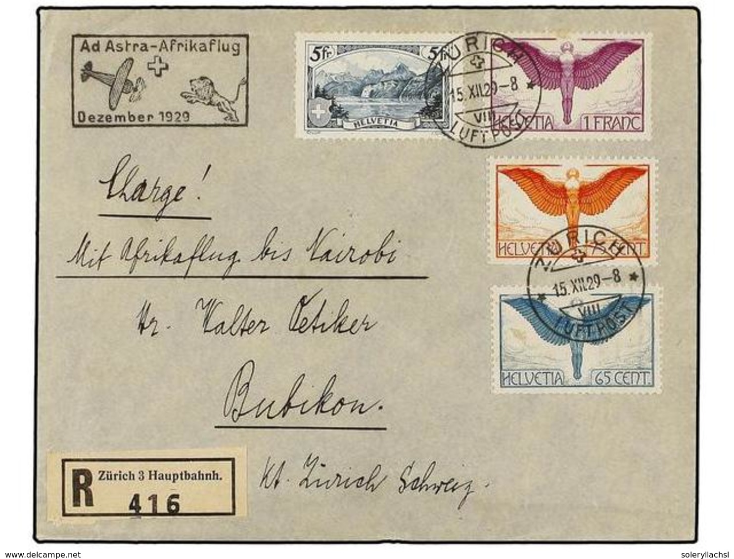 SUIZA. 1929. ZURICH A NAIROBI. Primer Vuelo, Realizado Por El Piloto Mittelholzer. (Mu. 231). - Andere & Zonder Classificatie