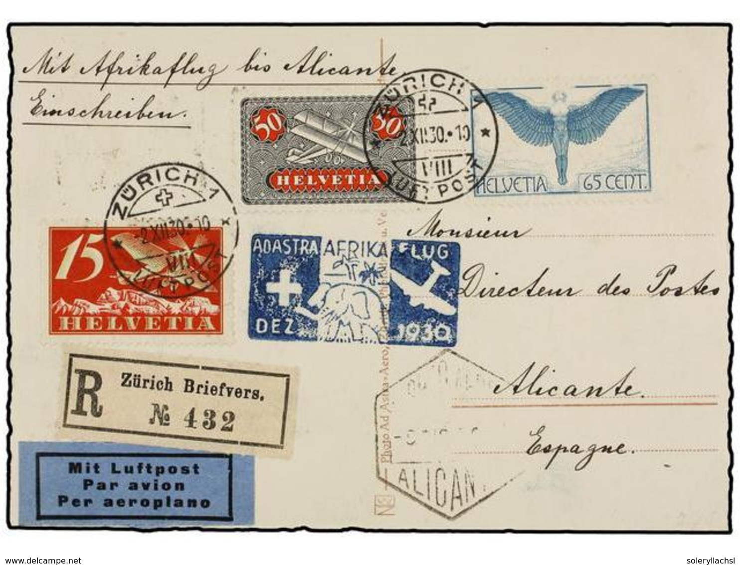 SUIZA. 1930. ZURICH A ALICANTE. Vuelo Especial A Africa Del Piloto Mittelholzer. - Sonstige & Ohne Zuordnung