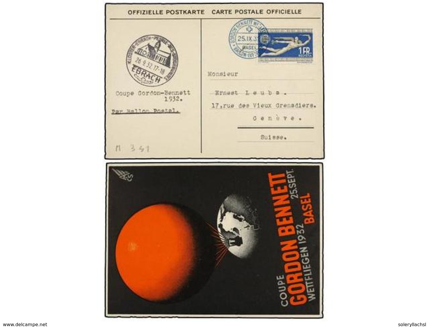 SUIZA. 1932.  GORDON BENNET. BALLON POSTAL.  BASEL A GINEBRA.  1 Fr.  Azul. Tarjeta Postal Oficial Circulada. - Altri & Non Classificati