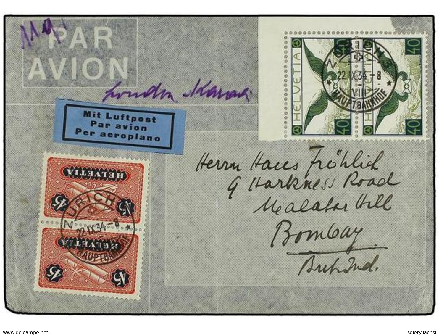 SUIZA. Yv.14a, 8a. 1934. ZURICH A BOMBAY.  40 Cts.  (2),  45 Cts.  (2) Circulada Por Correo Aéreo, Al Dorso Llegada. - Sonstige & Ohne Zuordnung