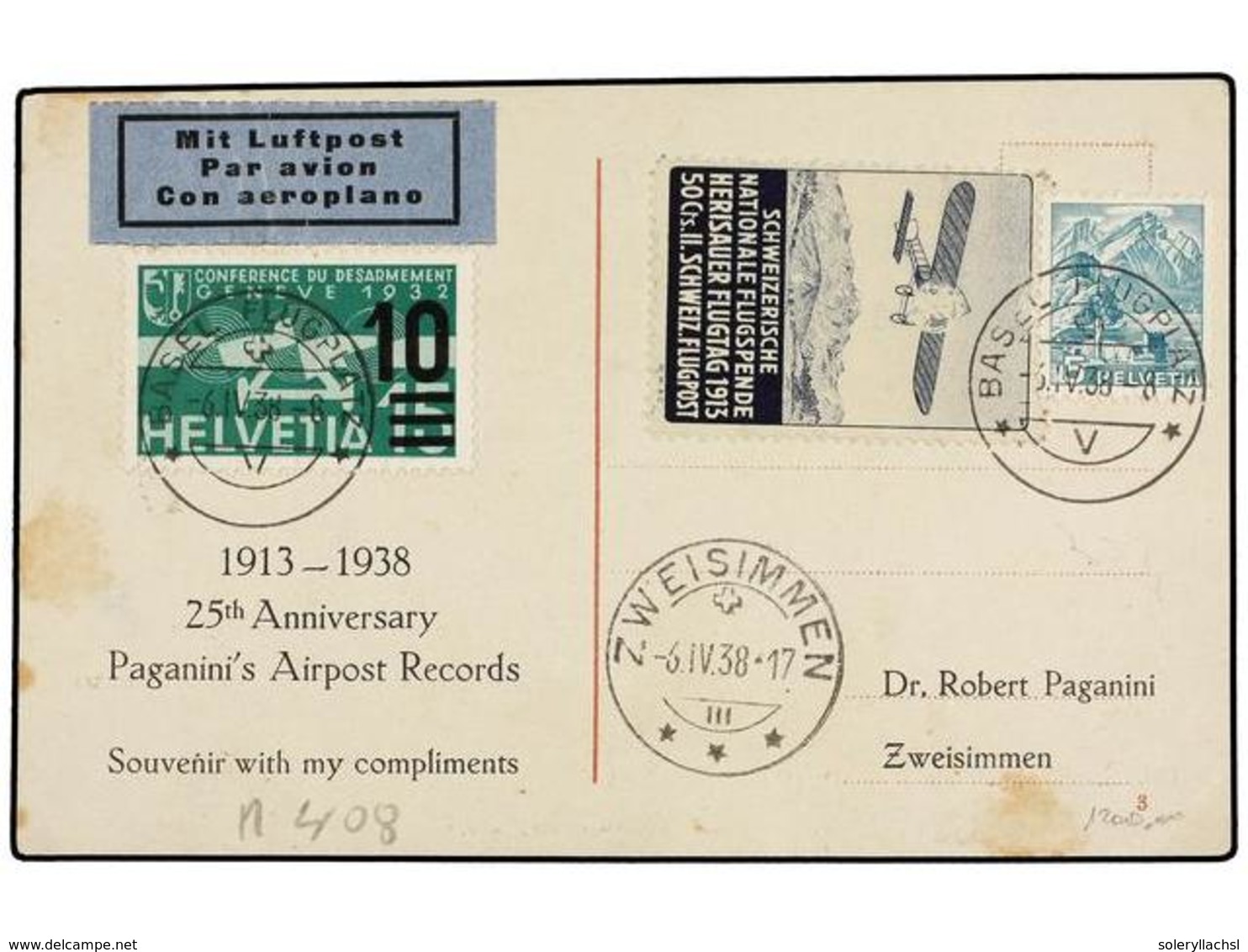 SUIZA. 1938. BASEL A ZWEISIMMEN. Tarjeta Postal Conmemorando El 25 Aniv. Del Vuelo De 1913 Con La Viñeta Conmemorativa D - Sonstige & Ohne Zuordnung