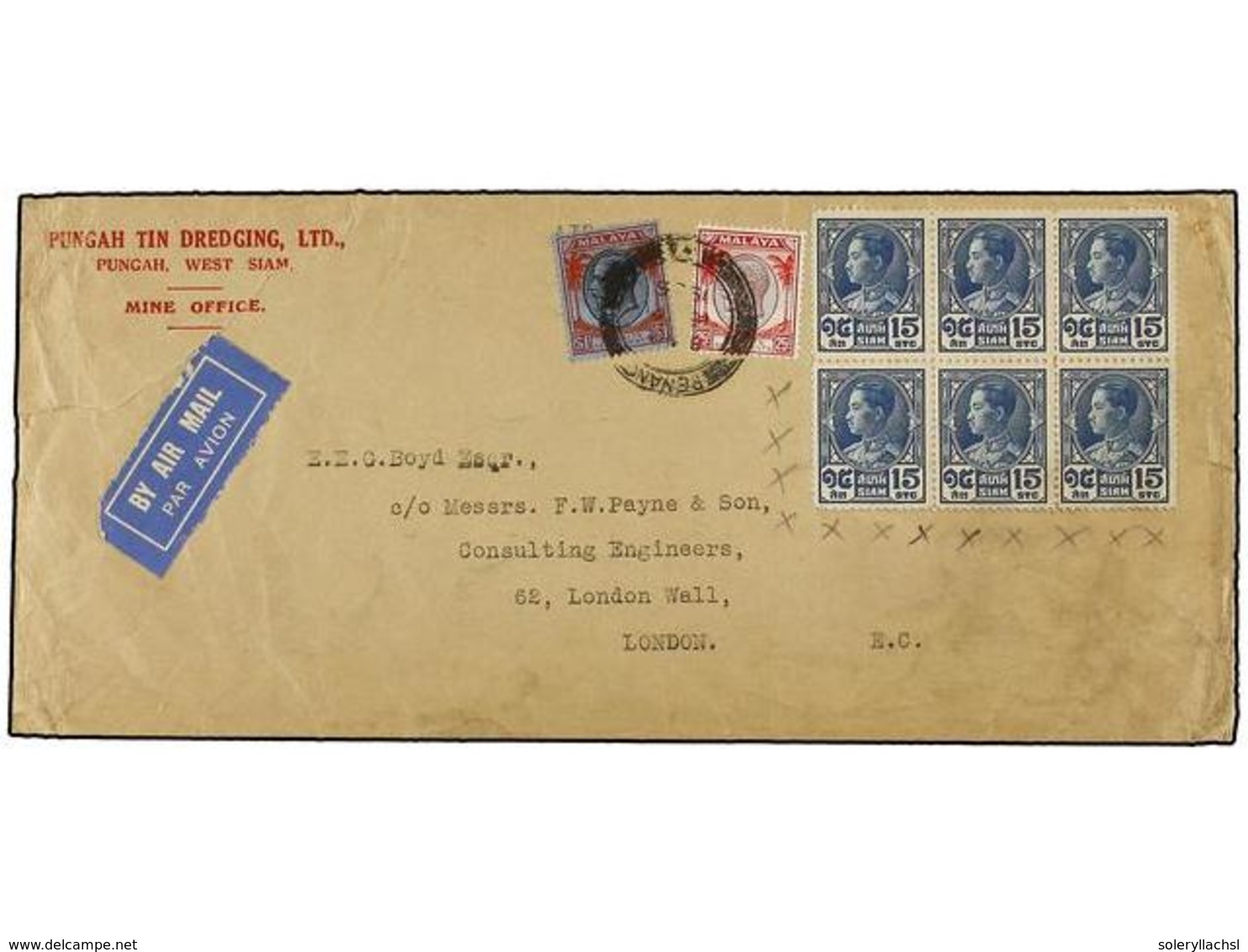 TAILANDIA. 1936. PUNGAH (West Siam) To LONDON.  AIR MAIL . Large Envelope Initially Franked With 10 Stamps (4 On Reverse - Sonstige & Ohne Zuordnung