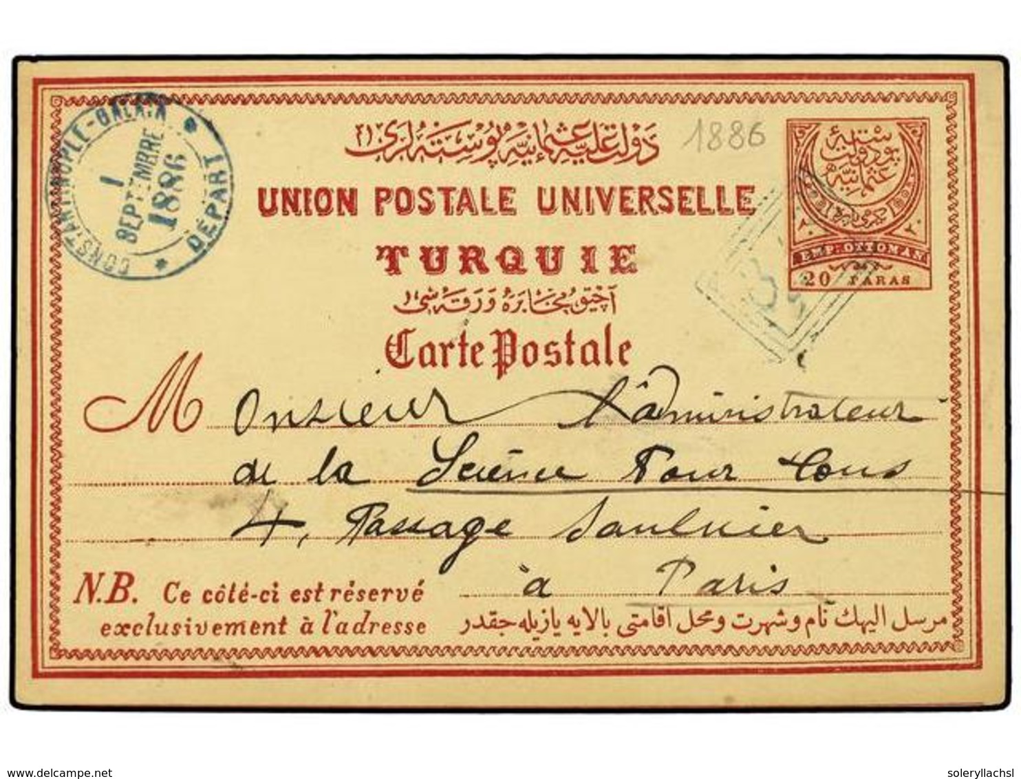 TURQUIA. 1886. Postal Stationery Card Sent To PARIS Showing All Arabic Triple-box  KASTAMONU  Cancellation (C/W Fig.93). - Andere & Zonder Classificatie