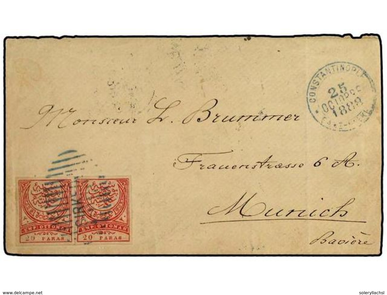 TURQUIA. 1888. CONSTANTINIPLA A ALEMANIA.  20 Pa.  Rosa (2)  SIN DENTAR  (SG. 98b). Muy Raros En Carta. - Autres & Non Classés