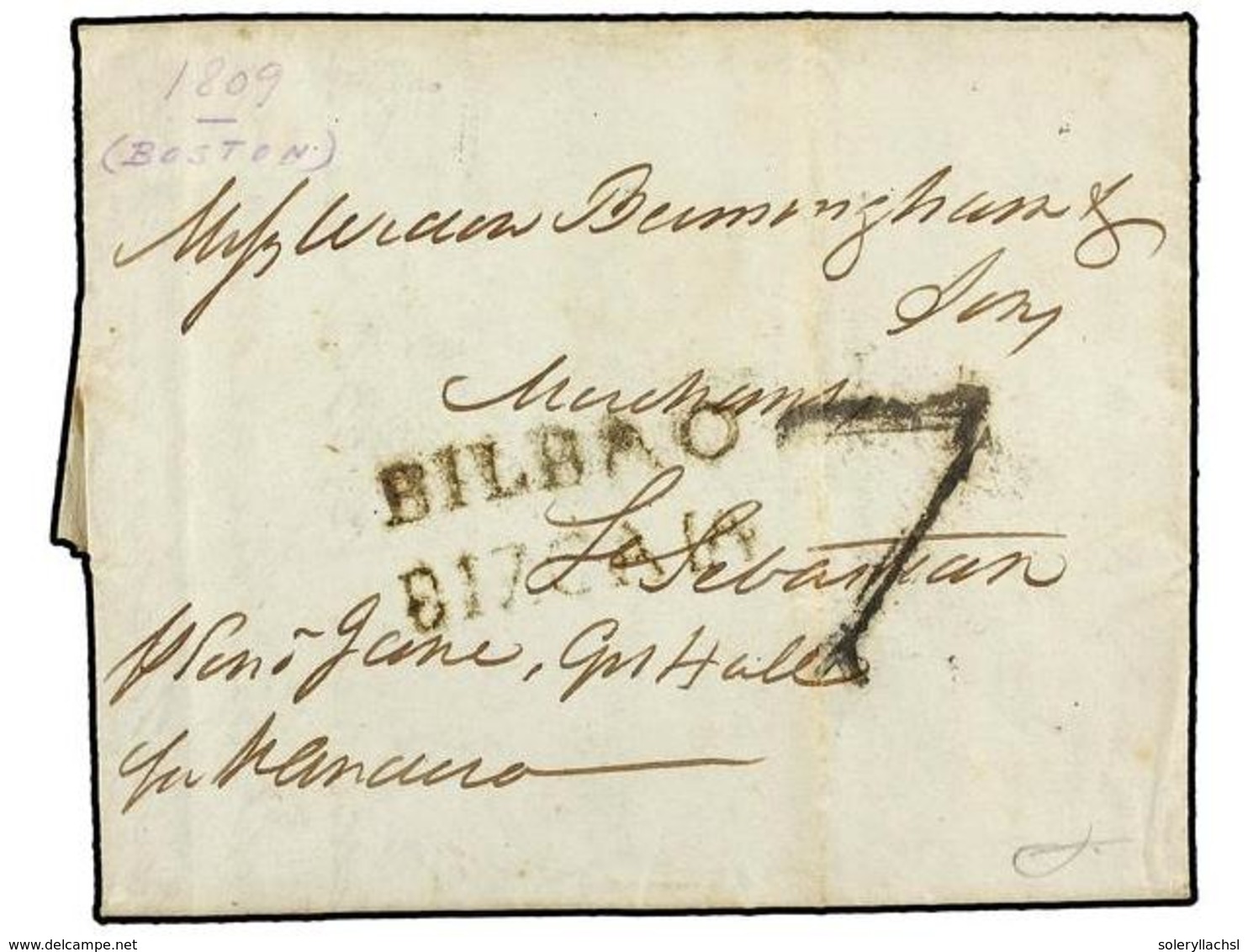 ESTADOS UNIDOS. 1809 (29 Julio). BOSTON To SAN SEBASTIAN (Spain). Entire Letter Send Privately And Entry Into The Mail B - Autres & Non Classés