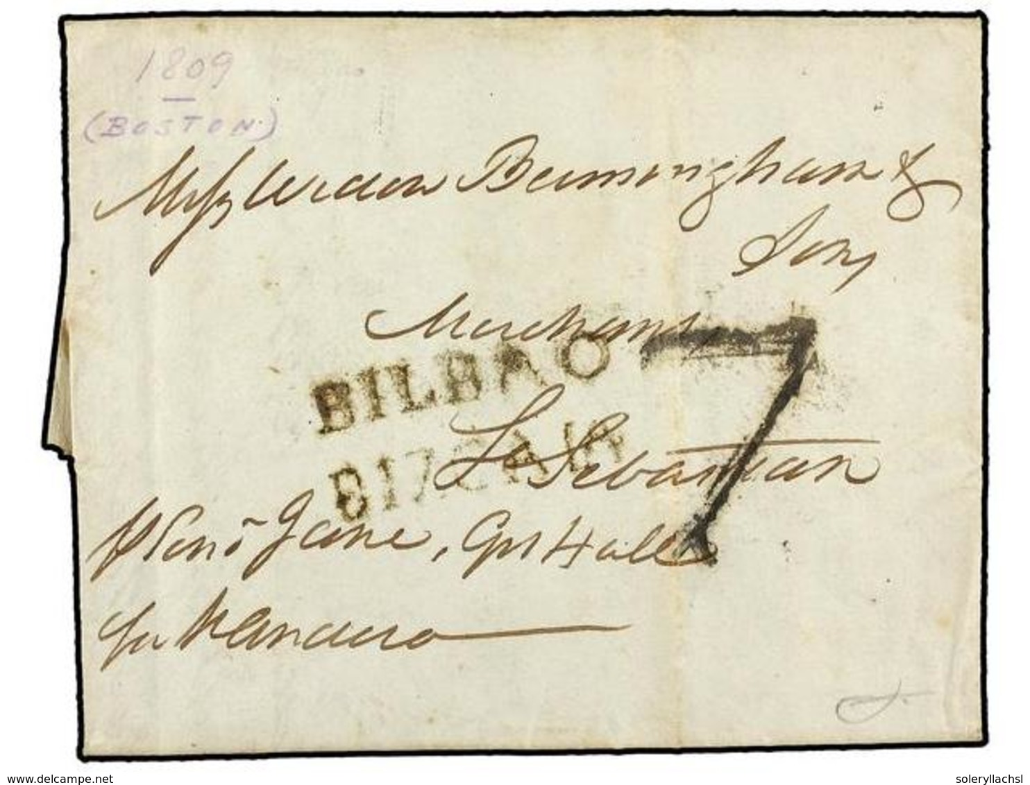 ESTADOS UNIDOS. 1809 (29 Julio). BOSTON To SAN SEBASTIAN (Spain). Entire Letter Send Privately And Entry Into The Mail B - Sonstige & Ohne Zuordnung