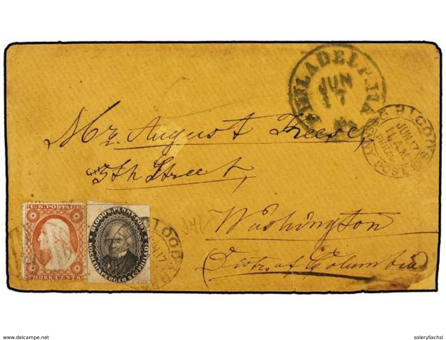 ESTADOS UNIDOS. Sc.26+15L18. (1860 CA.). Cover From PHILADELPHIA To WASHINGTON DC., Franked By Blood's Penny Post  (1c.) - Autres & Non Classés