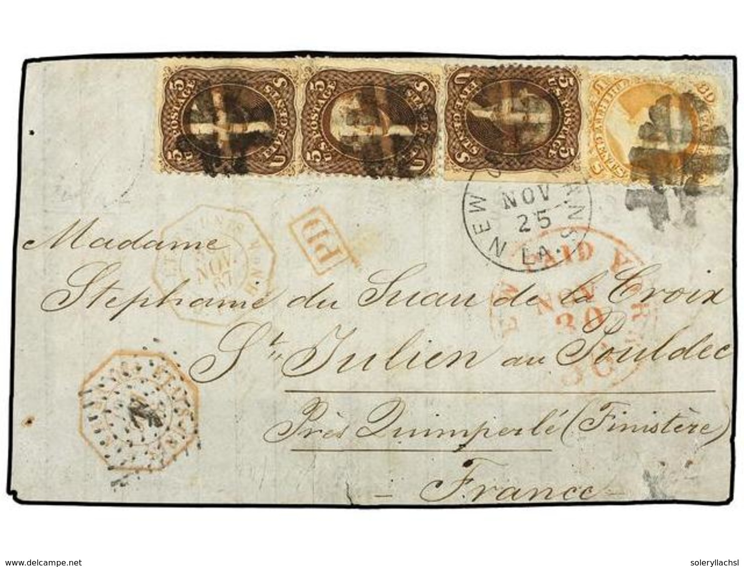 ESTADOS UNIDOS. Sc.71, 76 (3). 1867. NEW ORLEANS To FRANCE.  5 Cts.  Brown (3) And  30 Cts.  Orange Tied By Crossroads C - Altri & Non Classificati
