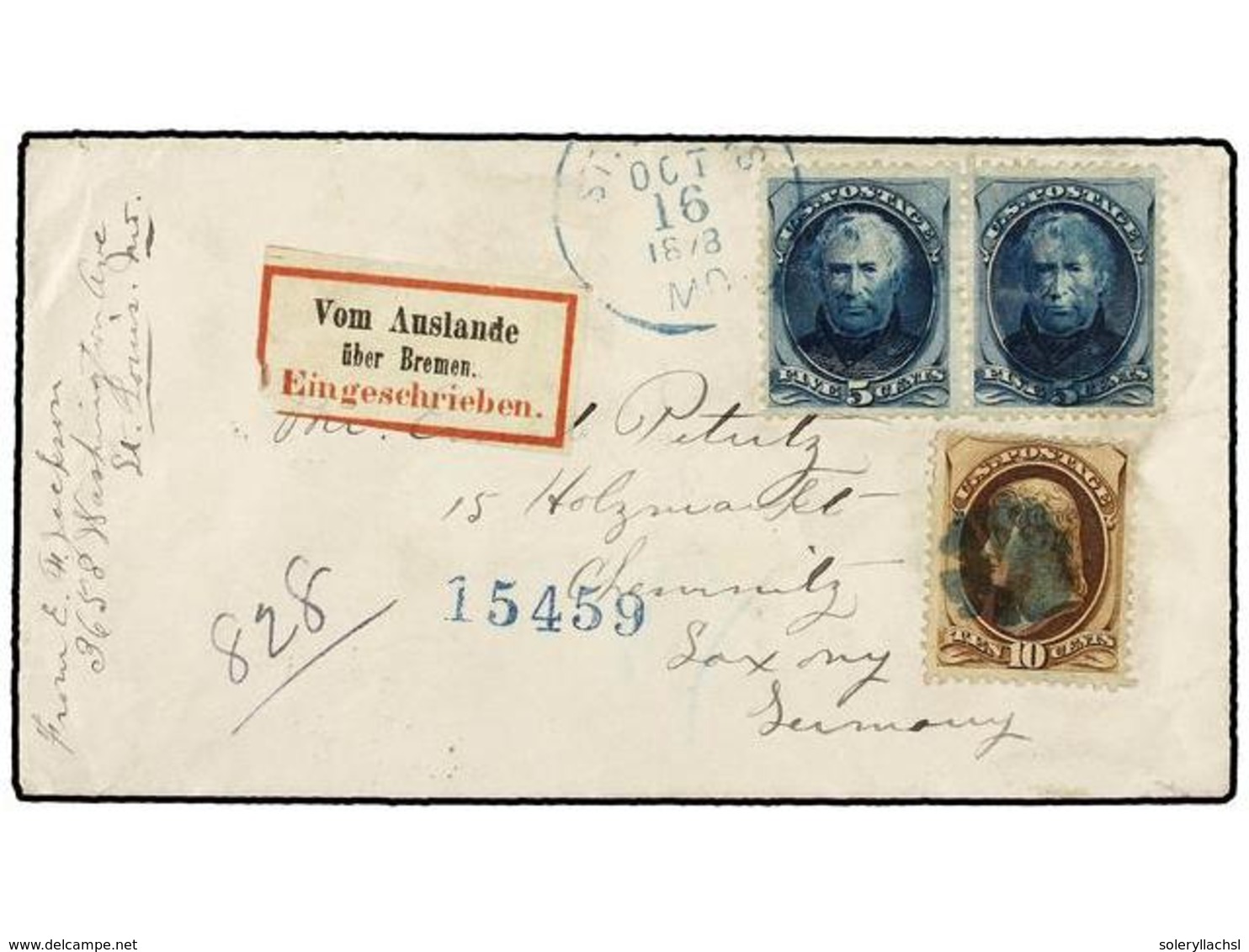 ESTADOS UNIDOS. Sc.161+179. 1878 (Oct 16). Cover To CHEMNITZ (Saxony) Sent Registered With 1875-79 Taylor  5c.  Blue Hor - Andere & Zonder Classificatie