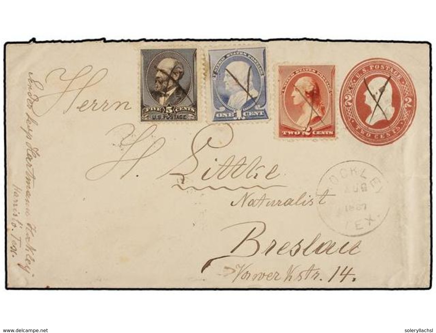 ESTADOS UNIDOS. 1887. Hockley (Texas, USA) To BRESLAU (Czcoeslovakia).  2 Cents.  Chocolat. Postal Stationay Envelope Up - Autres & Non Classés