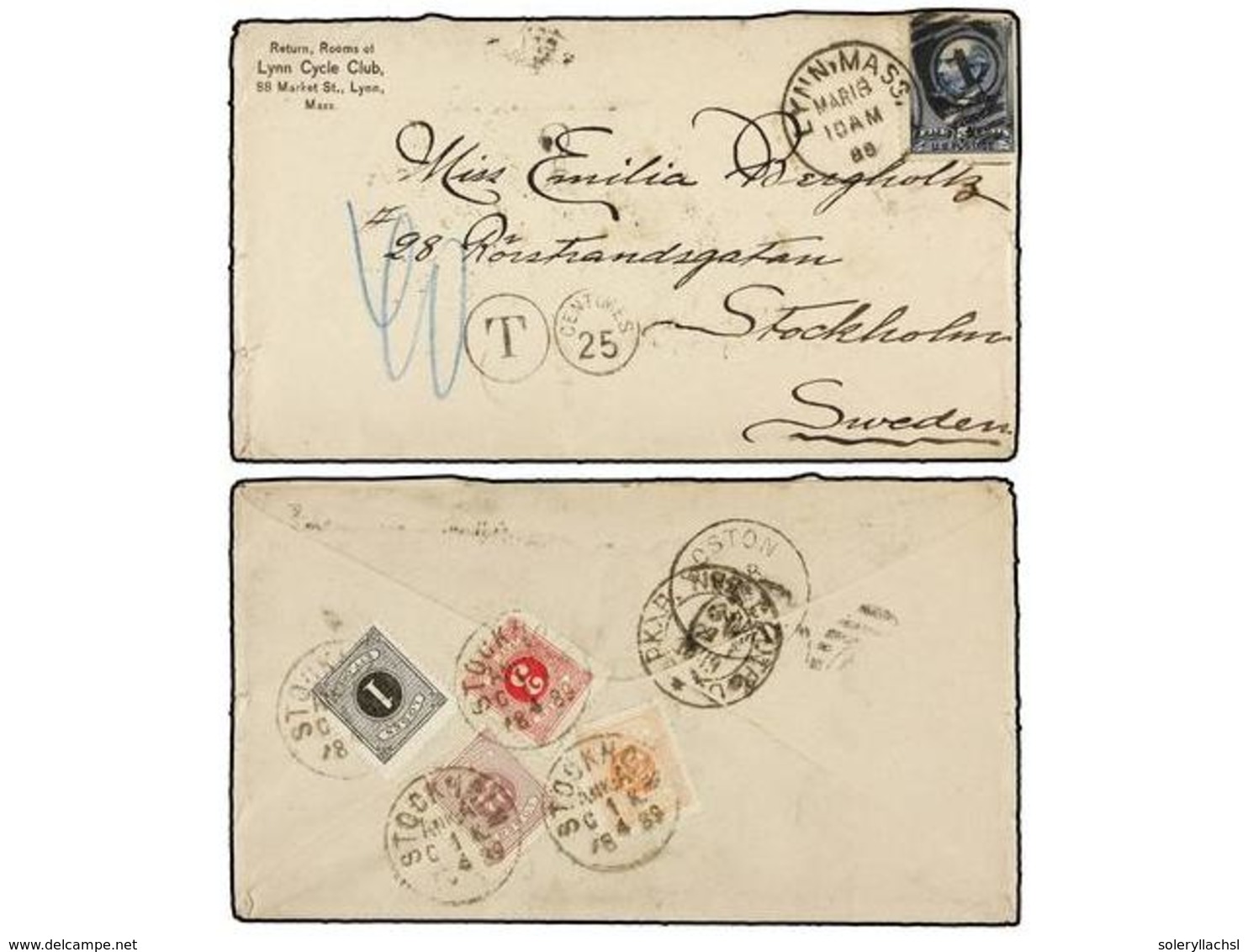 ESTADOS UNIDOS. 1888. LYNN (Mass. Usa) To SWEDEN.  5 Cts.  Blue (faults) Taxed With  25 Cents.  On Back Swedish  1 Ore,  - Altri & Non Classificati