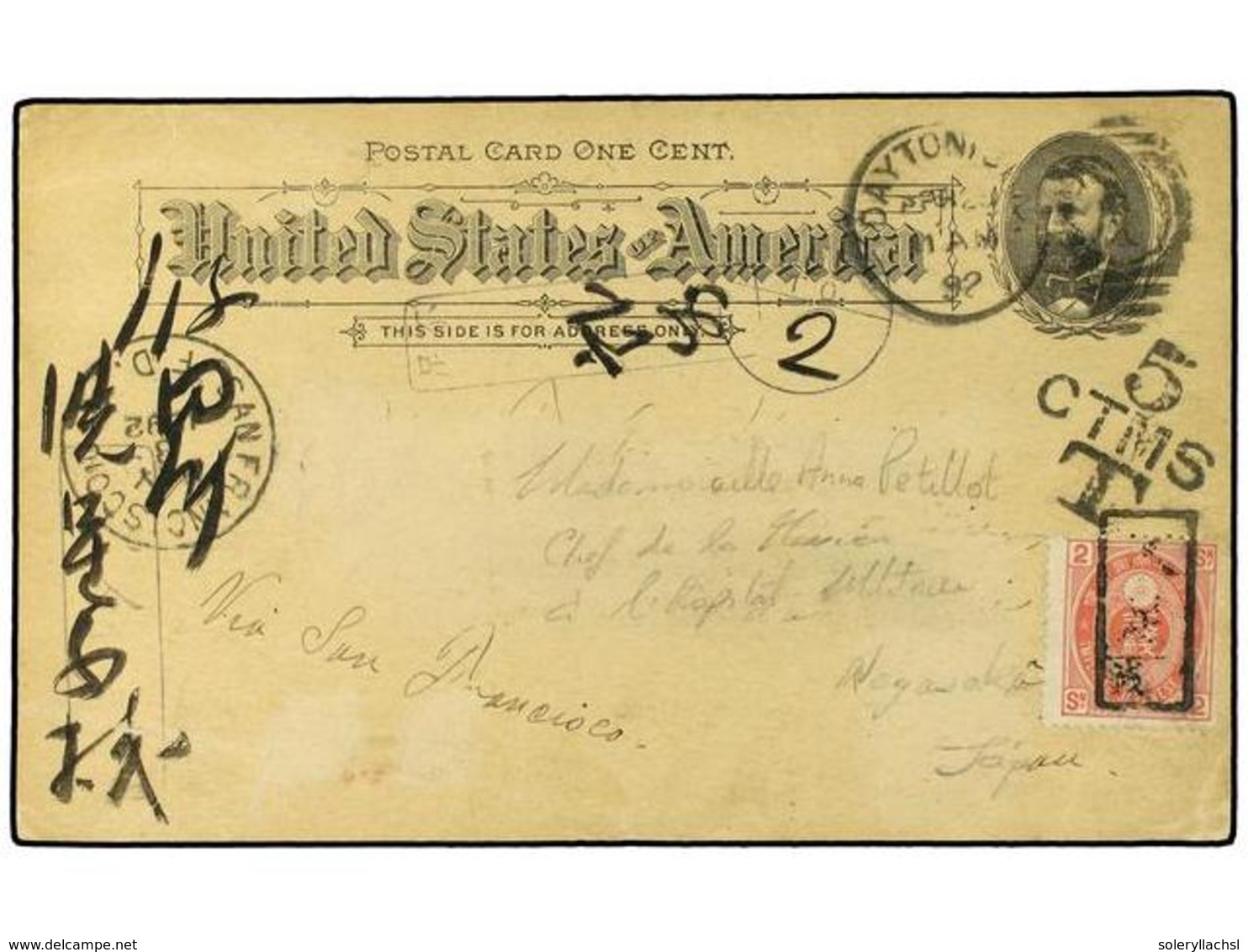 ESTADOS UNIDOS. 1892. Postal Stationary Card,  1 Cent.  Black (Scott UX10) Cancelled By Dayton, Ohio Duplex Routed Via S - Andere & Zonder Classificatie