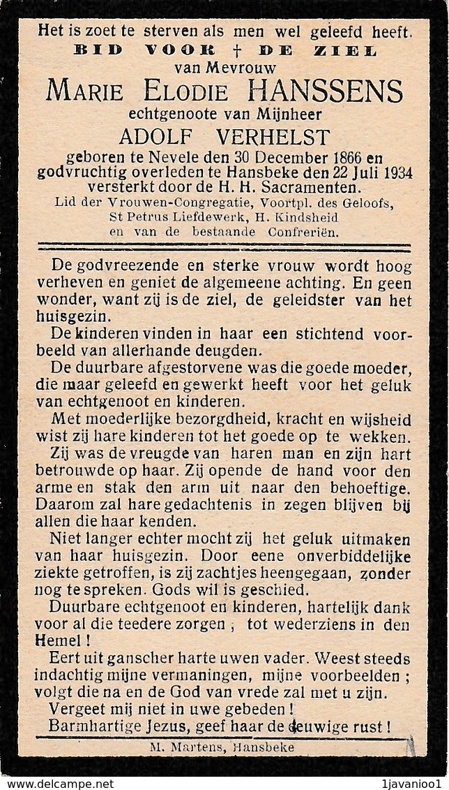 Nevele, Hansbeke, 1934, Marie Hanssens, Verhelst - Images Religieuses