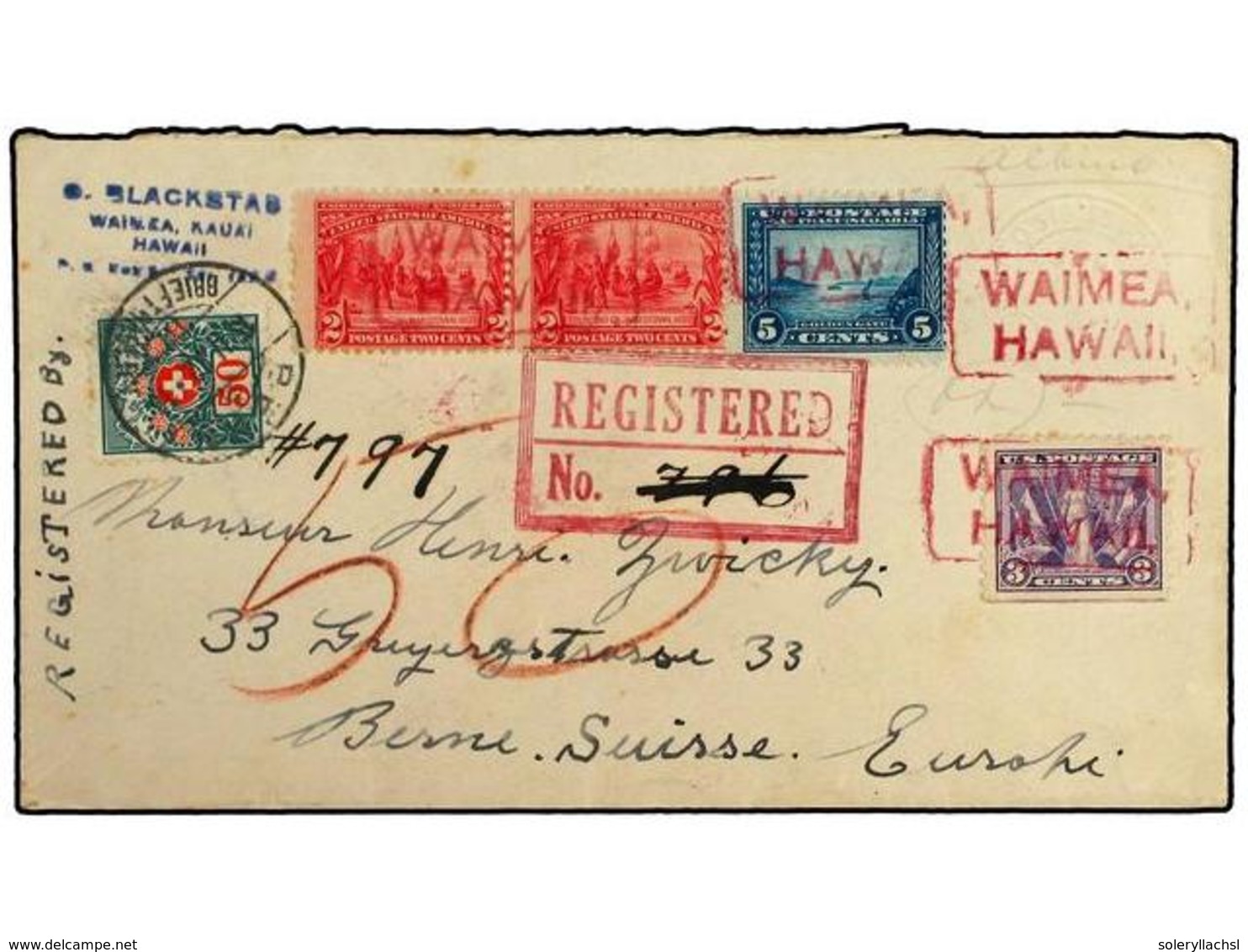 ESTADOS UNIDOS. 1922(Jan 20). Registered Envelope Of  3ctvos.  In 'albino'  (Scott U437 ?) To Berne, Switzerland Franked - Andere & Zonder Classificatie