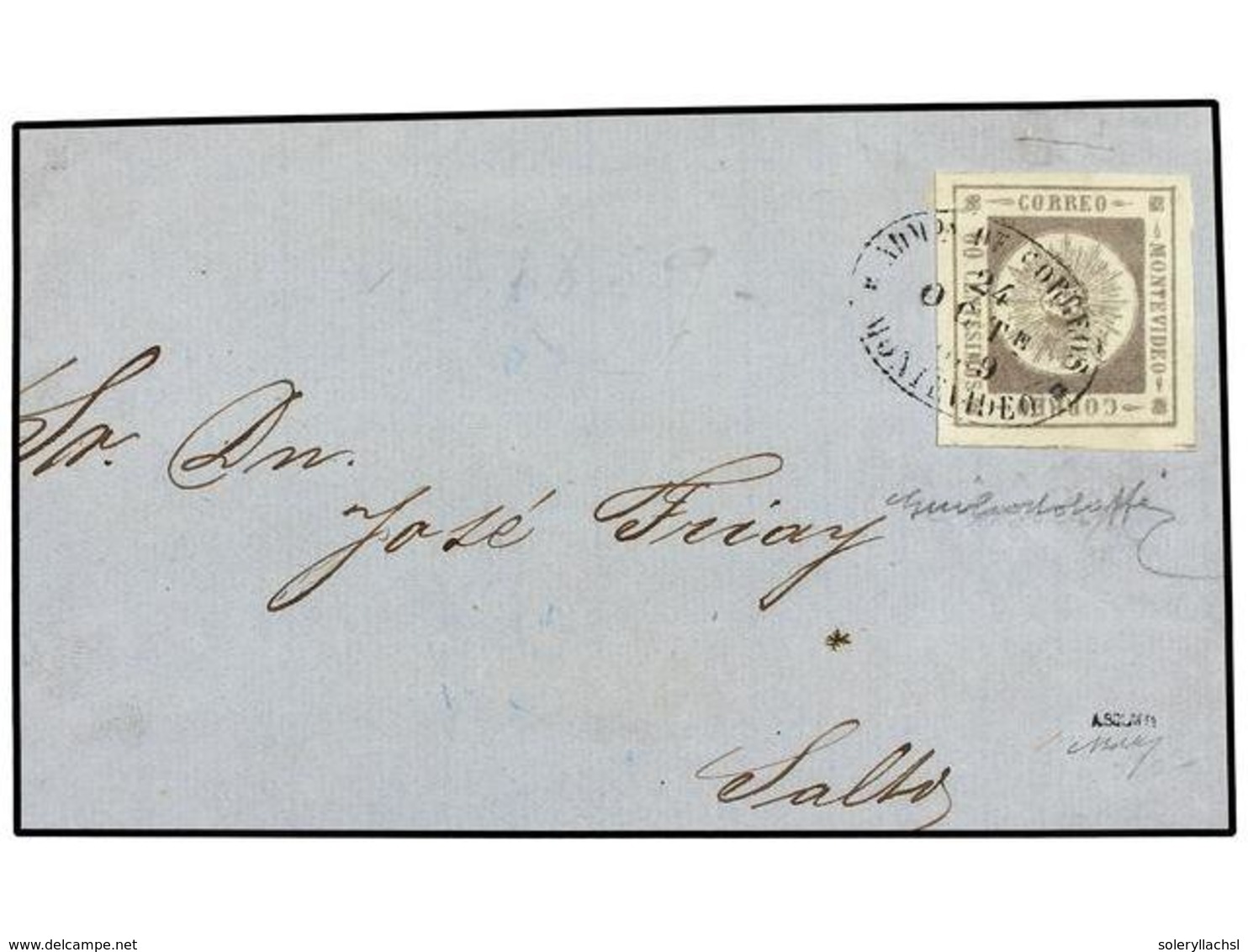 URUGUAY. Sc.7. 1859. Fragmento De Carta Dirigida A SALTO Con Sello De  60 Cts.  Gris Lila, Mat. Ovalado De MONTEVIDEO. M - Altri & Non Classificati