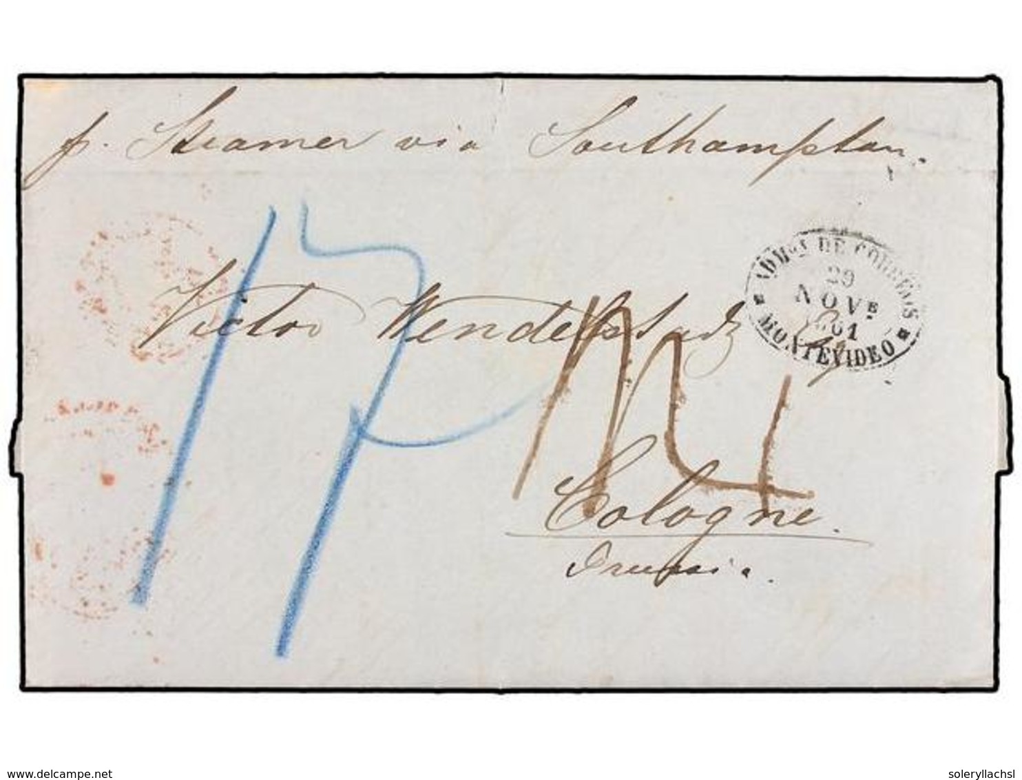 URUGUAY. 1861. MONTEVIDEO A ALEMANIA. Fechador Ovalado De Montevideo, Circulada Vía Inglaterra. - Sonstige & Ohne Zuordnung