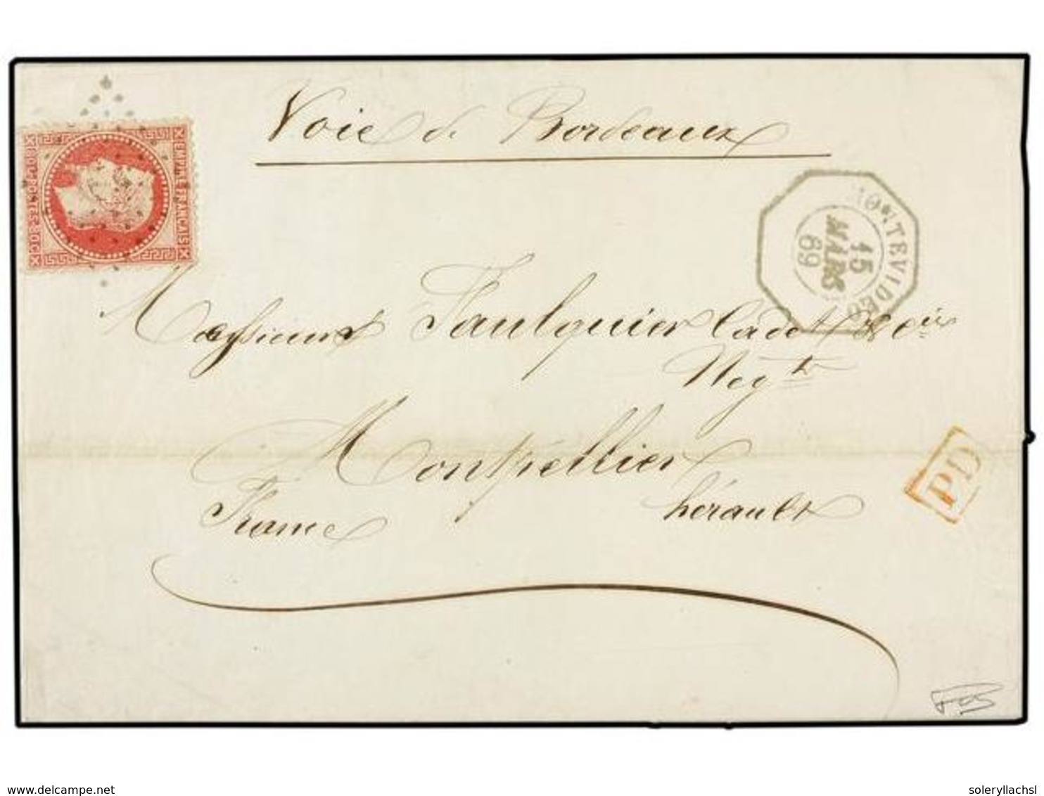 URUGUAY. 1869 (15 Marzo). MONTEVIDEO A FRANCIA. Circulada Con Sello Francés De  80 Cts.  Rosa, Mat.  Ancla  Y Fechador O - Sonstige & Ohne Zuordnung