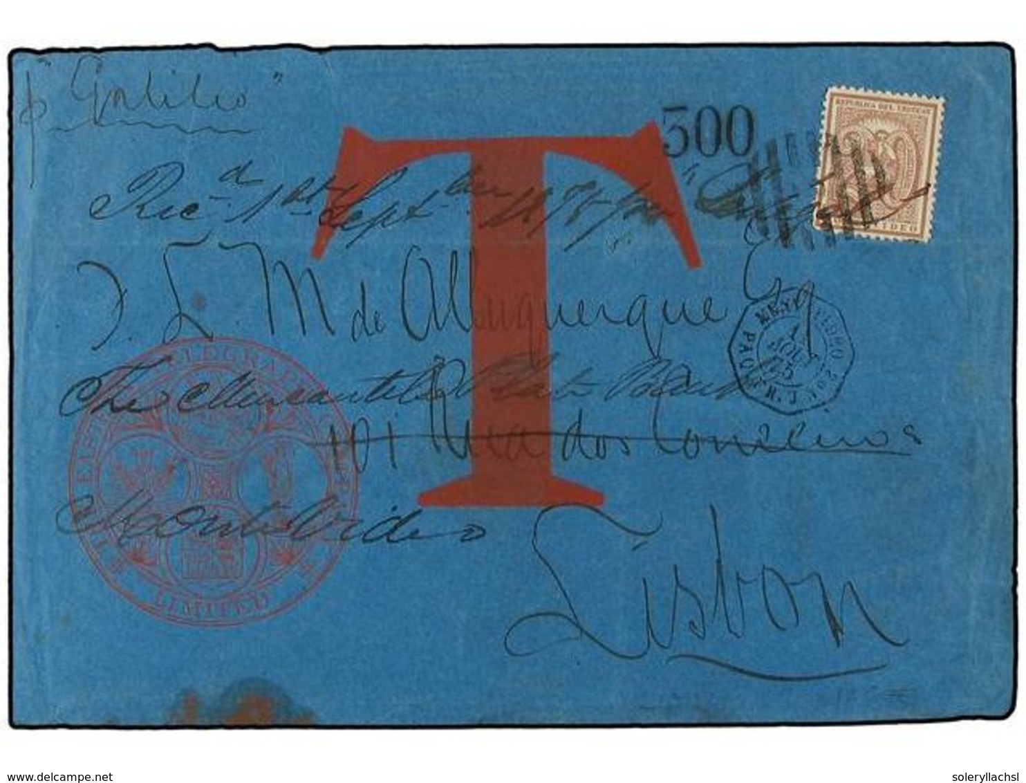 URUGUAY. 1875. MONTEVIDEO A LISBOA. TELEGRAMA Circulado Con Sello De  20 Ctvos.  Rosa, Fechador Maritimo  MONTEVIDEO/PAQ - Altri & Non Classificati