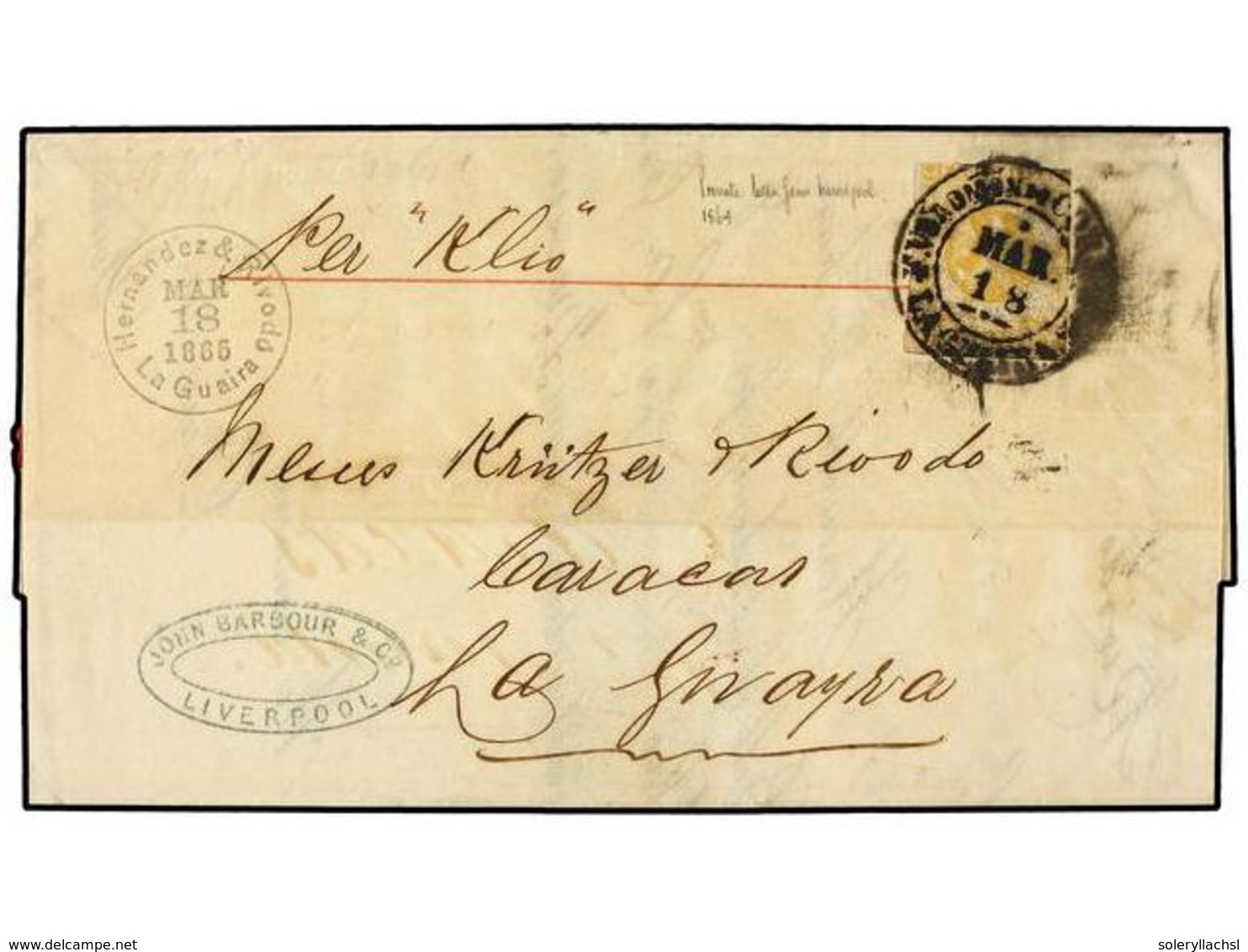 VENEZUELA. 1864. Incoming Stampless Entire Letter From LIVERPOOL (26 Dec) With Sender's Cachet Endorsed 'per Kilo' Addre - Autres & Non Classés