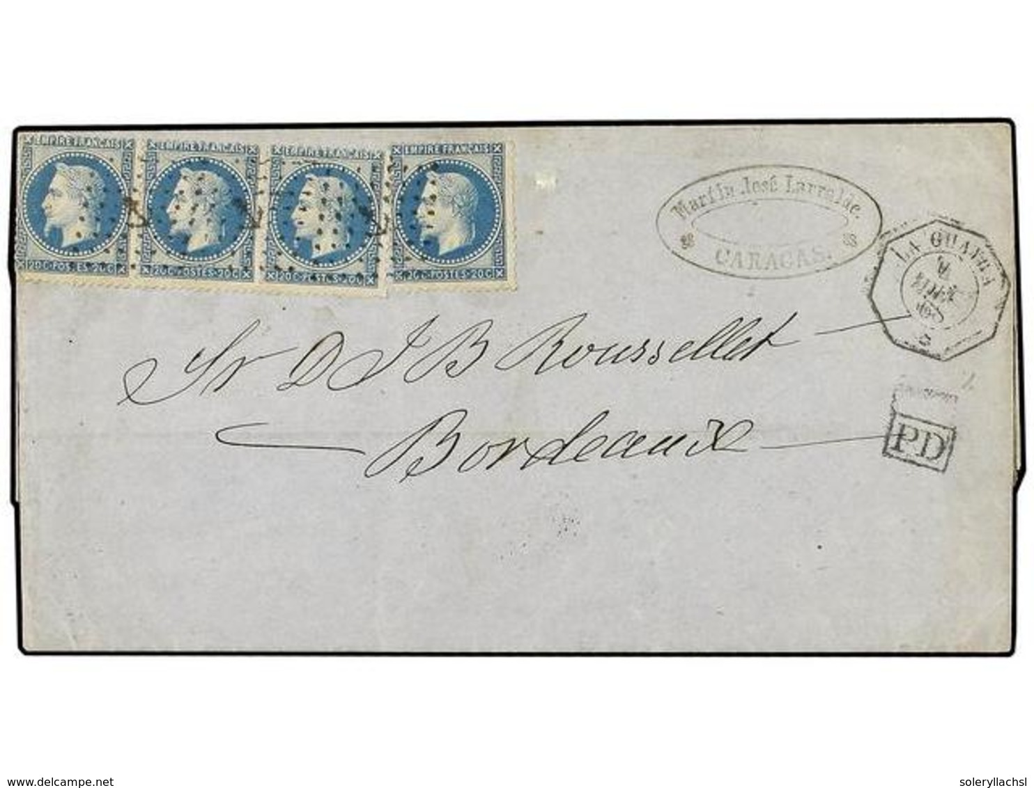 VENEZUELA. 1868. CARACAS A BURDEOS. Carta Franqueada Con Cuatro Sellos Franceses De  20 Cts.  Azul. Mat.  ANCLA  Y Fecha - Andere & Zonder Classificatie