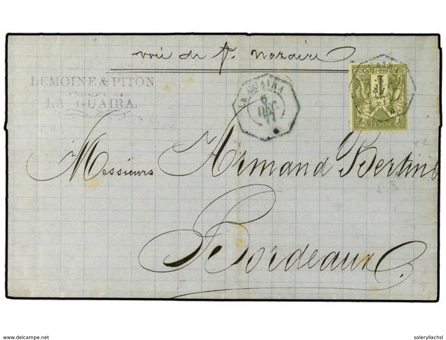 VENEZUELA. 1877. LA GUAYRA A BURDEOS Circulada Con Sello Francés De  1 Fr.  Verde Mat. Octogonal   LA GUAYRA/*  (Salles  - Altri & Non Classificati