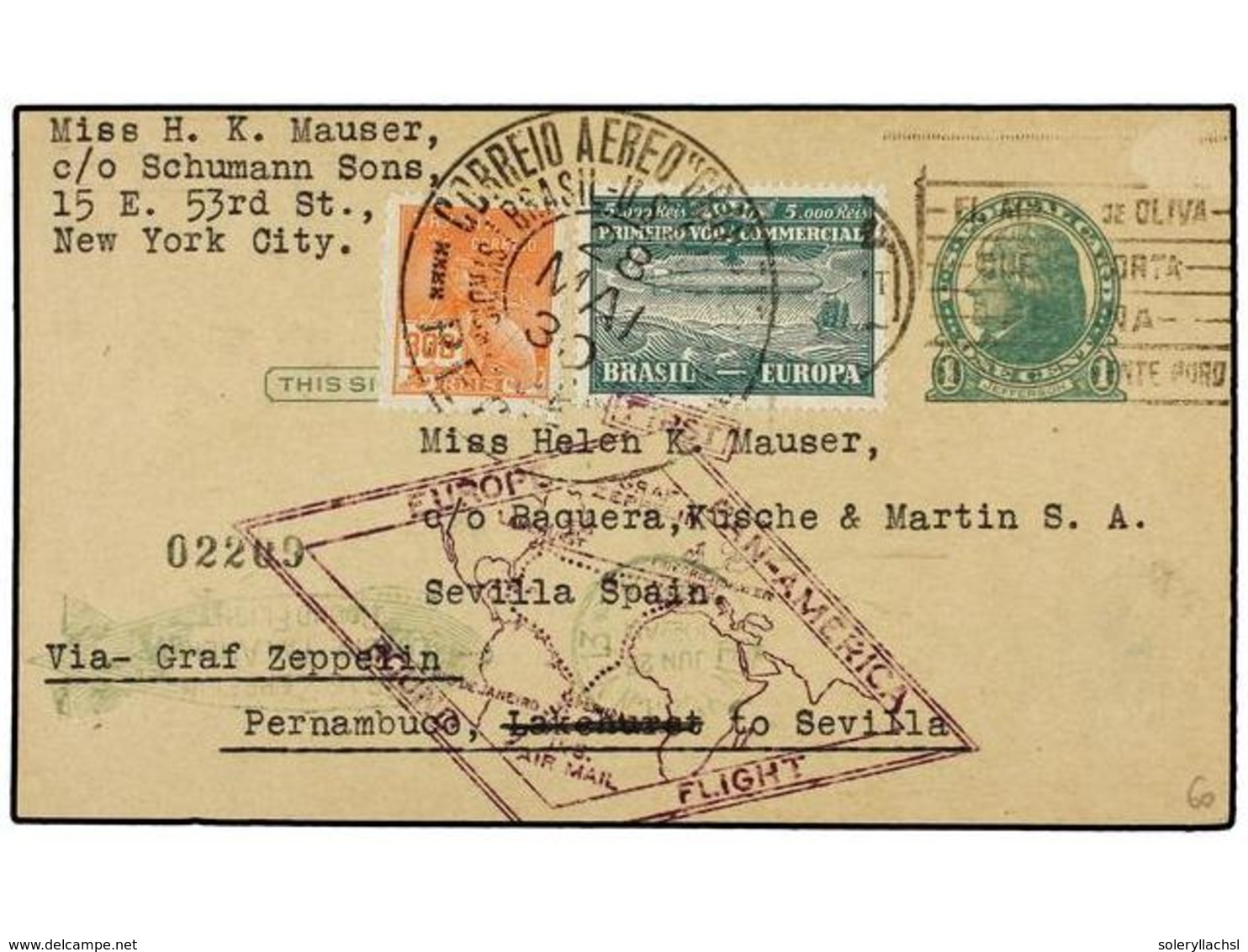 ZEPPELIN. 1930.  BRASIL . U.S.A. Entero Postal USA De  1 Ctvo.  Circulado Con Franqueo Adicional De  300 Reis  Y  5.000  - Andere & Zonder Classificatie