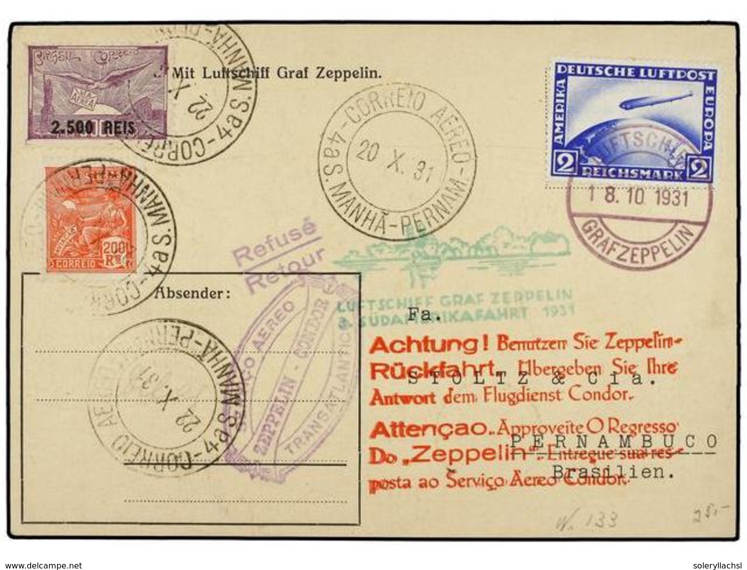 ZEPPELIN. 1931 (18 Octubre).  BRAZIL . Franqueada A Bordo Del  GRAF ZEPPELIN  Con Sello Alemán De  2 Mk . Azul. A La Lle - Sonstige & Ohne Zuordnung