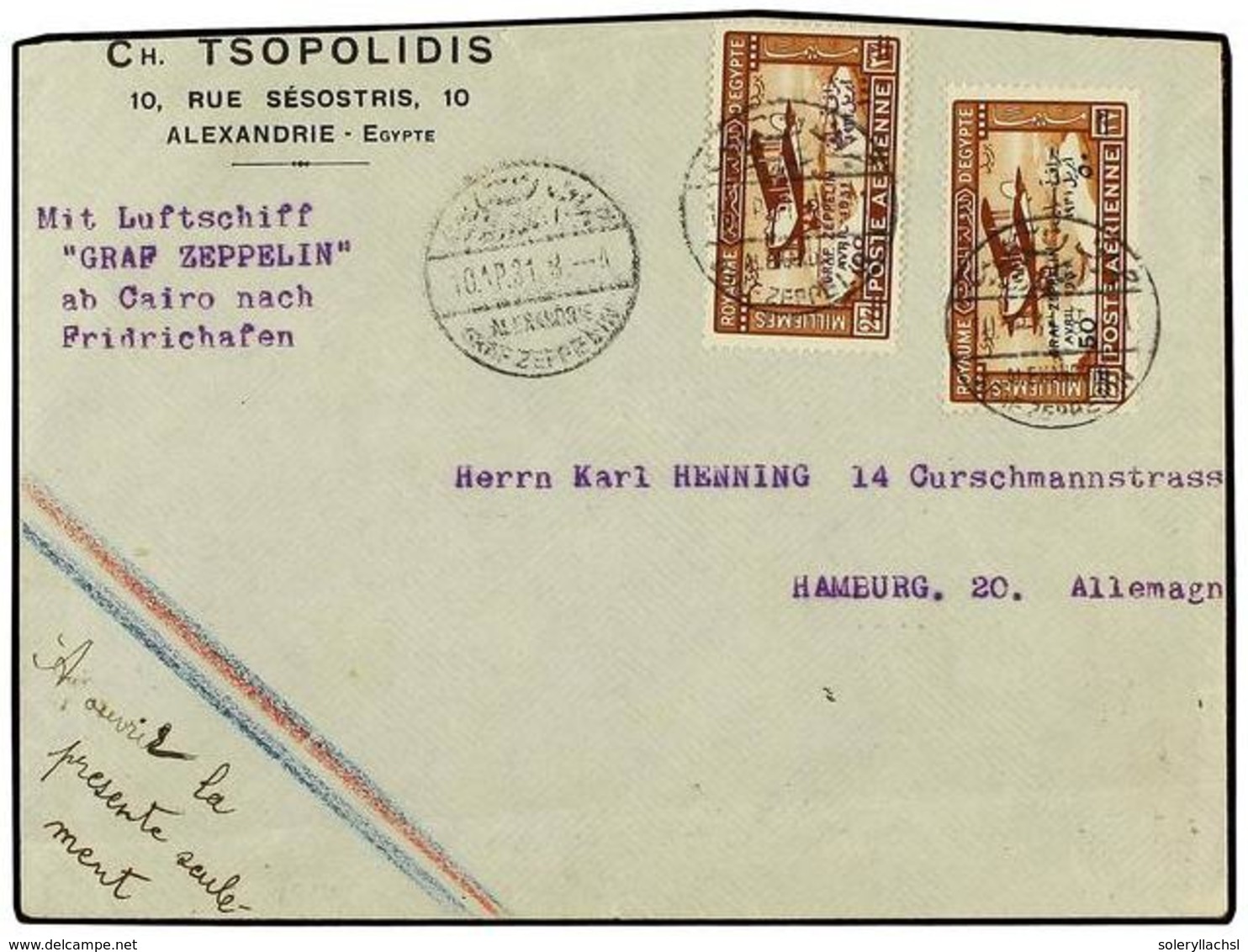 ZEPPELIN.  EGYPT.  ALEXANDRIA A ALEMANIA.  500 M.  Y  100   M.  Volada Por  GRAF ZEPPELIN , Fechador Especial Del Vuelo  - Sonstige & Ohne Zuordnung