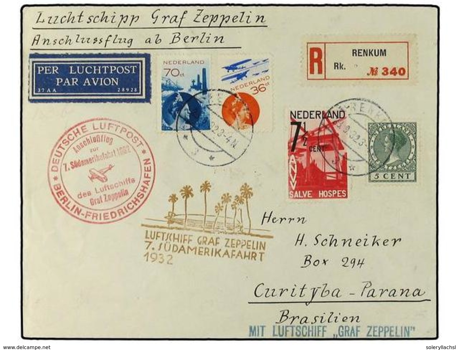 ZEPPELIN. 1932.  NETHERLANDS.  '7th S. America Flight'.  Registered Dutch Acceptance Envelope To Curityba-Parana, Brazil - Andere & Zonder Classificatie