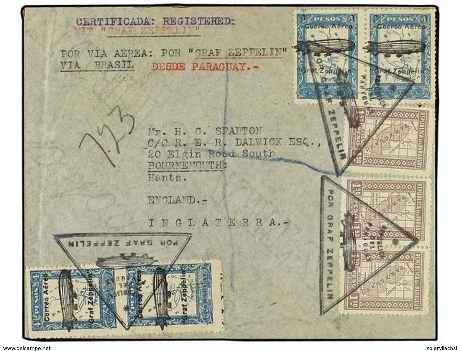 ZEPPELIN. 1931 (26 Agosto).  PARAGUAY.  BUENOS AIRES A INGLATERRA Circulada Via Paraguay Con Sellos De  1,50   P.  (3),  - Sonstige & Ohne Zuordnung