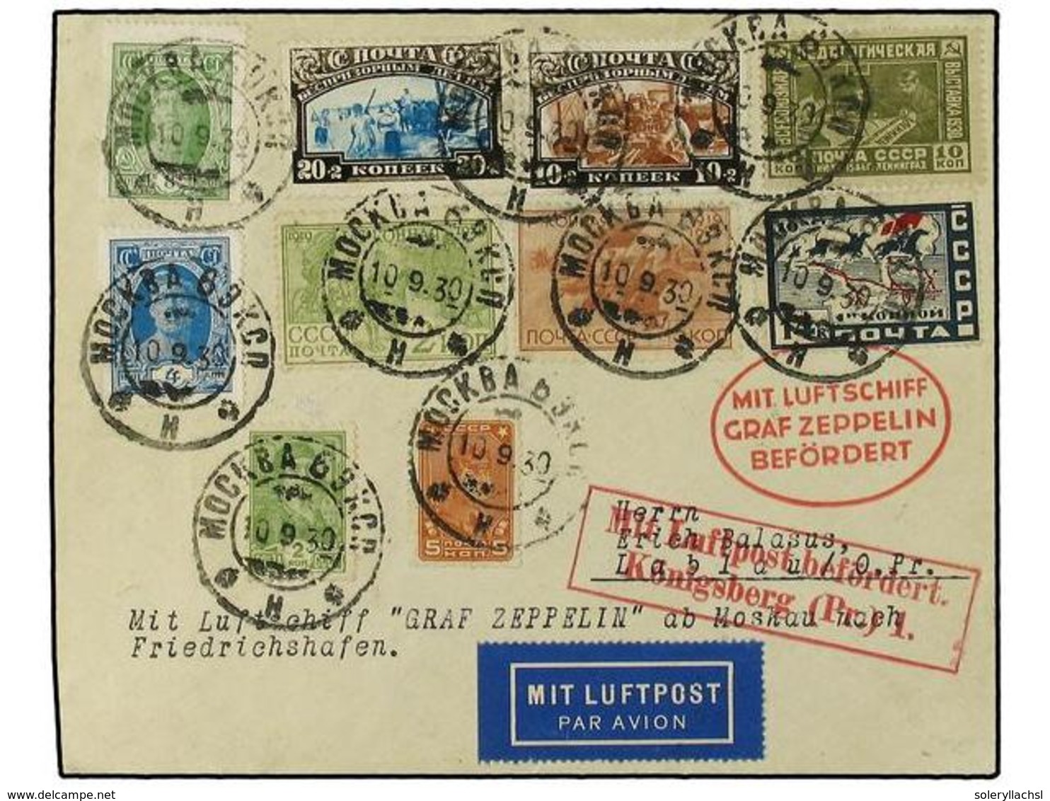 ZEPPELIN. 1930.  RUSIA.  Moscow Flight.  Multi-franked (10 Values) Russian Acceptance Cover To Lablau, East Prussia Tied - Autres & Non Classés