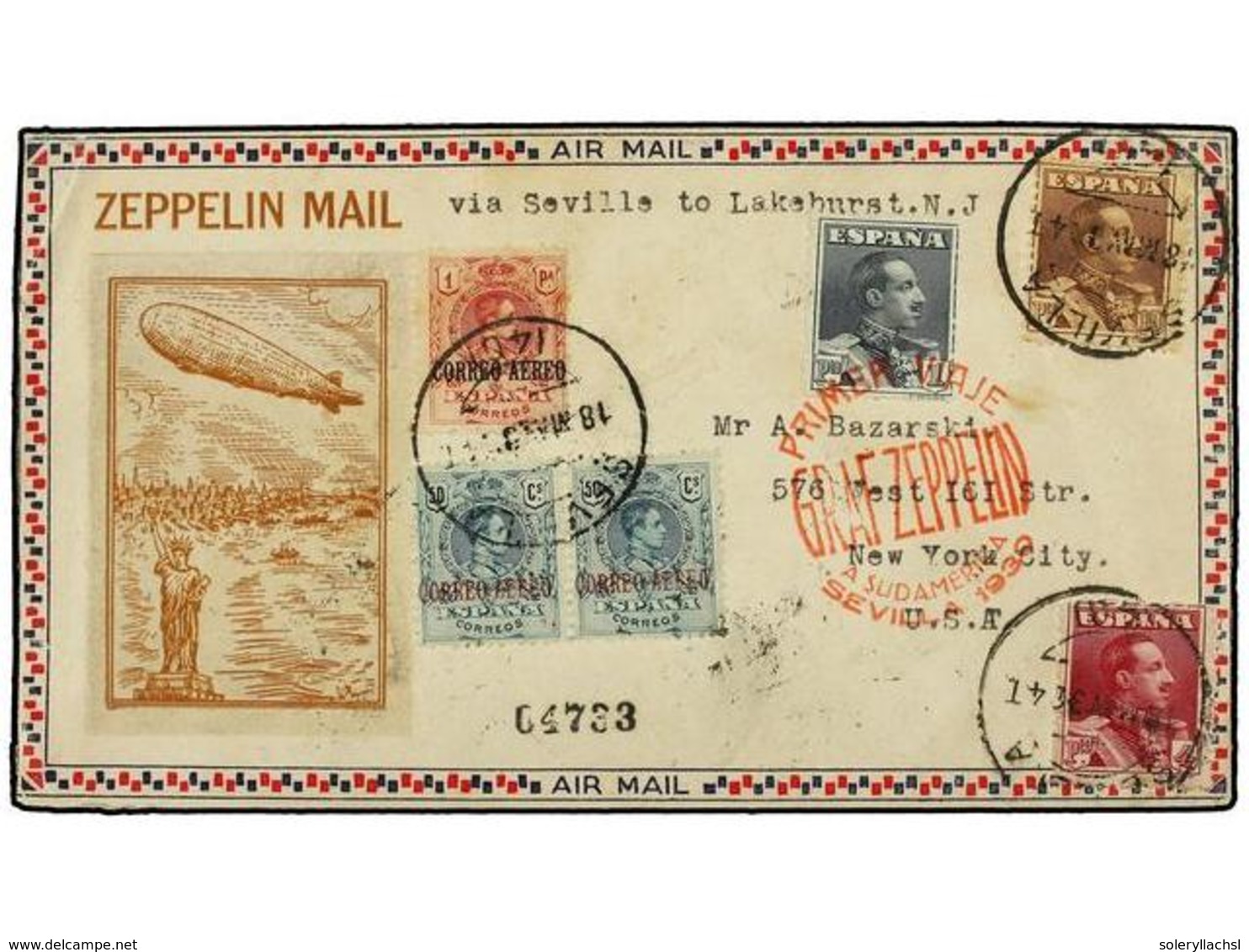 ZEPPELIN. 1930 (18 Mayo).  SPAIN.  SEVILLA A USA.  50 Cts.  (8),  1 Pta.  (2),  4 Pts.  Y  10 Pts.  (franqueo En Anverso - Sonstige & Ohne Zuordnung