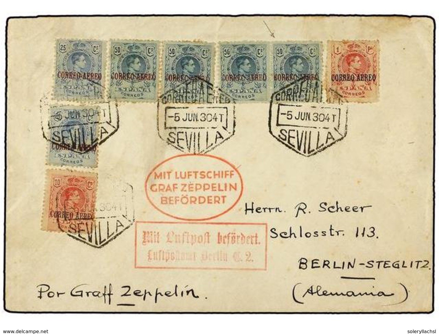ZEPPELIN. Ed.293, 294 (4), 295 (3), 295t, 296. 1930 (5 Junio).  SPAIN.  SEVILLA A BERLIN. Circulada Por  GRAF ZEPPELIN   - Autres & Non Classés