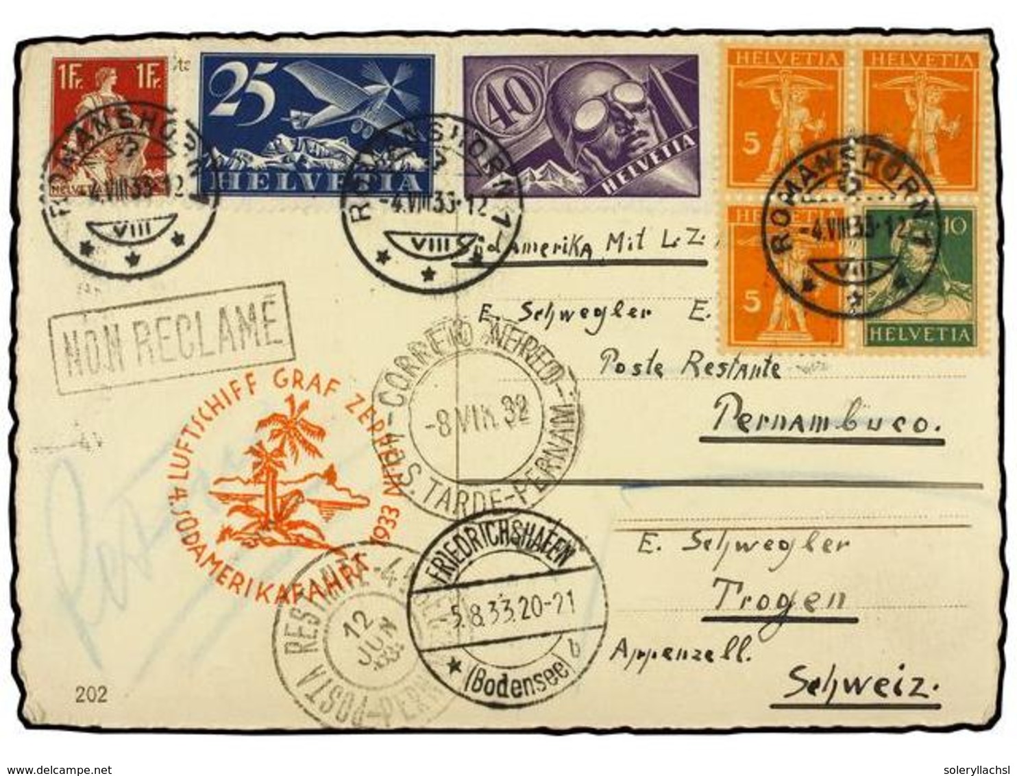 ZEPPELIN. 1932 (4 Julio).  SWITZERLAND . ROMANSHORN A TROGEN.  5(3) + 10 Cts., 25 Cts., 40 Cts. Y 1 Fr.  Circulada Para  - Sonstige & Ohne Zuordnung