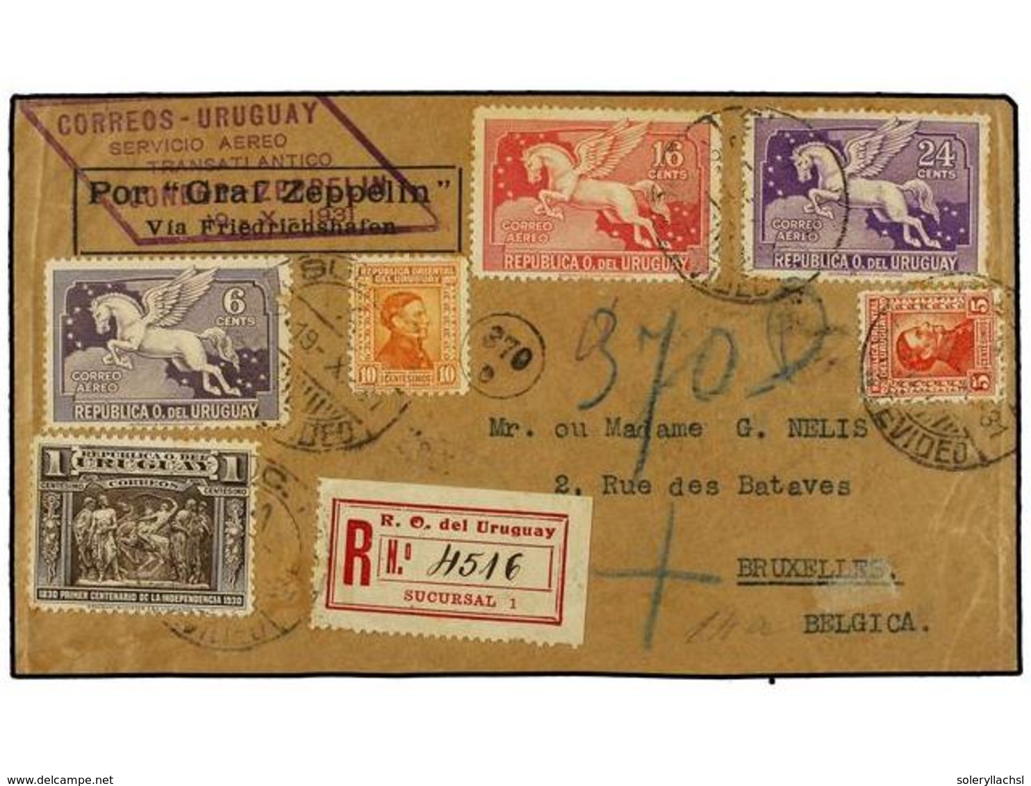 ZEPPELIN. 1931 (Oct. 19).  URUGUAY.  LZ 127 Flight Cover Registered To BELGIUM Franked By Artigas  5c., 10.c.,  1930  1c - Altri & Non Classificati