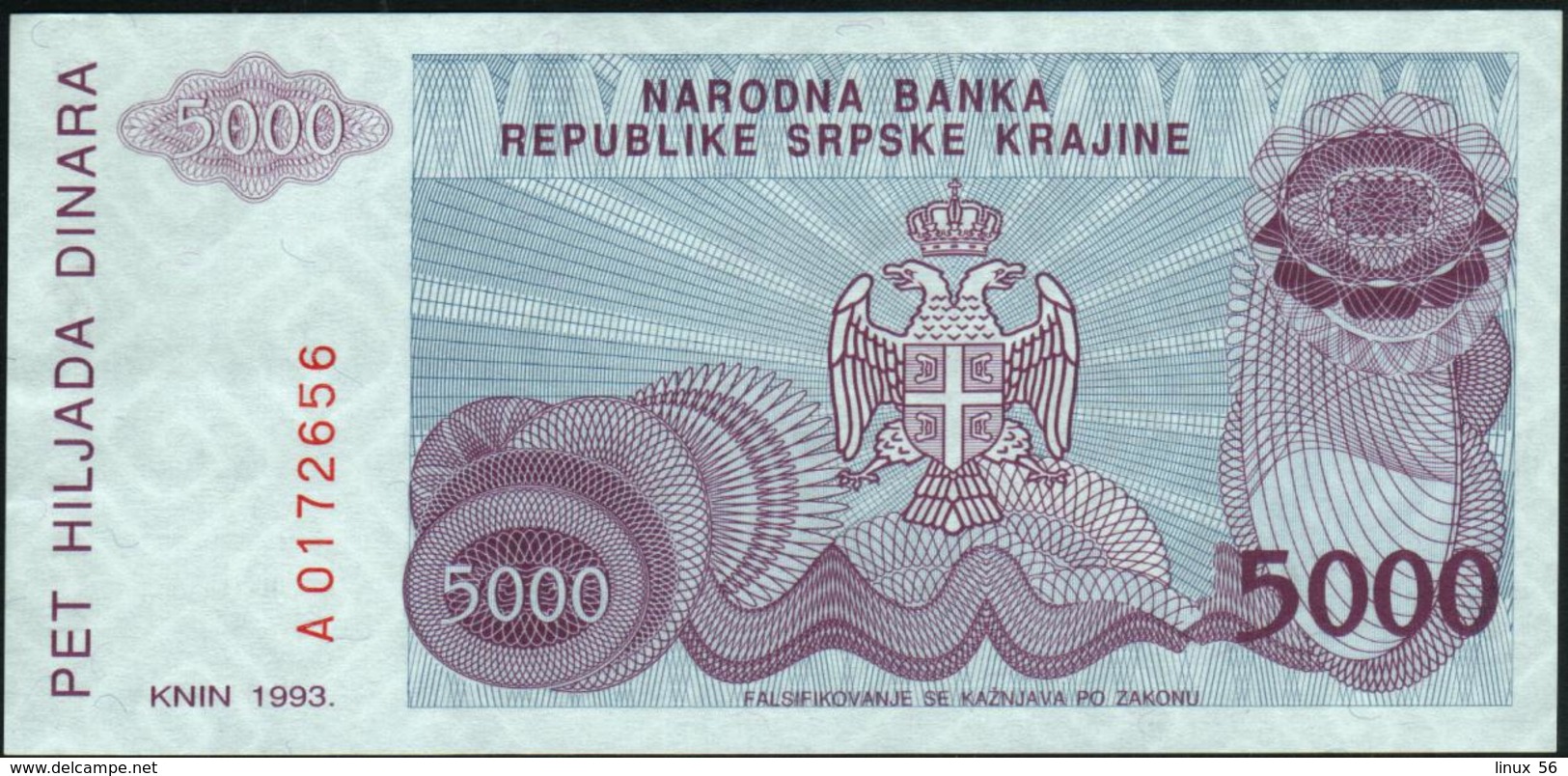 CROATIA - 5.000 Dinara 1993 {Knin} UNC P. R20 - Croatie